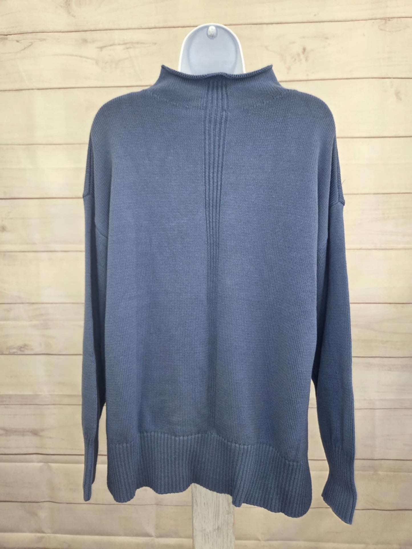 SMALL BLUE A708163 LOGO by Lori Goldstein 100% Cotton Funnel Neck Hi-Low Sweater