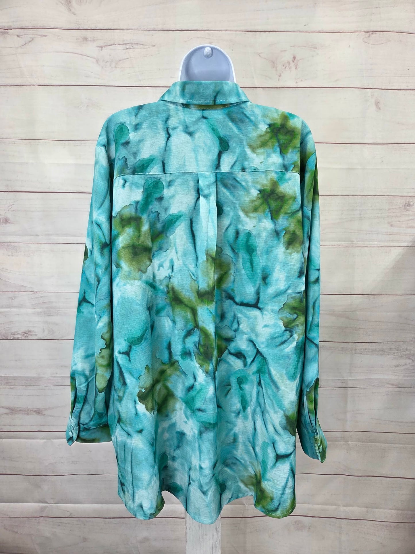 LARGE TEAL A700433 Susan Graver Printed Regular Textured Woven Button Front Duster
