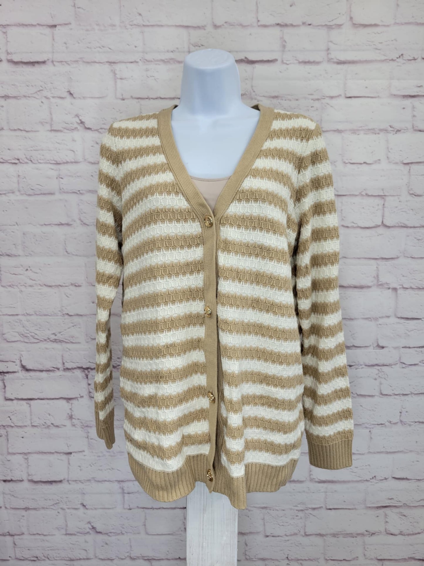 XLARGE LATTE A632088 Joan Rivers Honeycomb Stripe Button-Front Cardigan