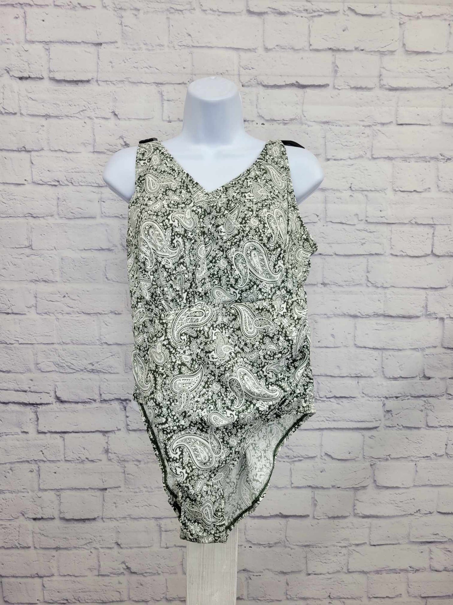 12R OLIVE A392810 Denim & Co. Beach Surplice One-Piece with Ruching