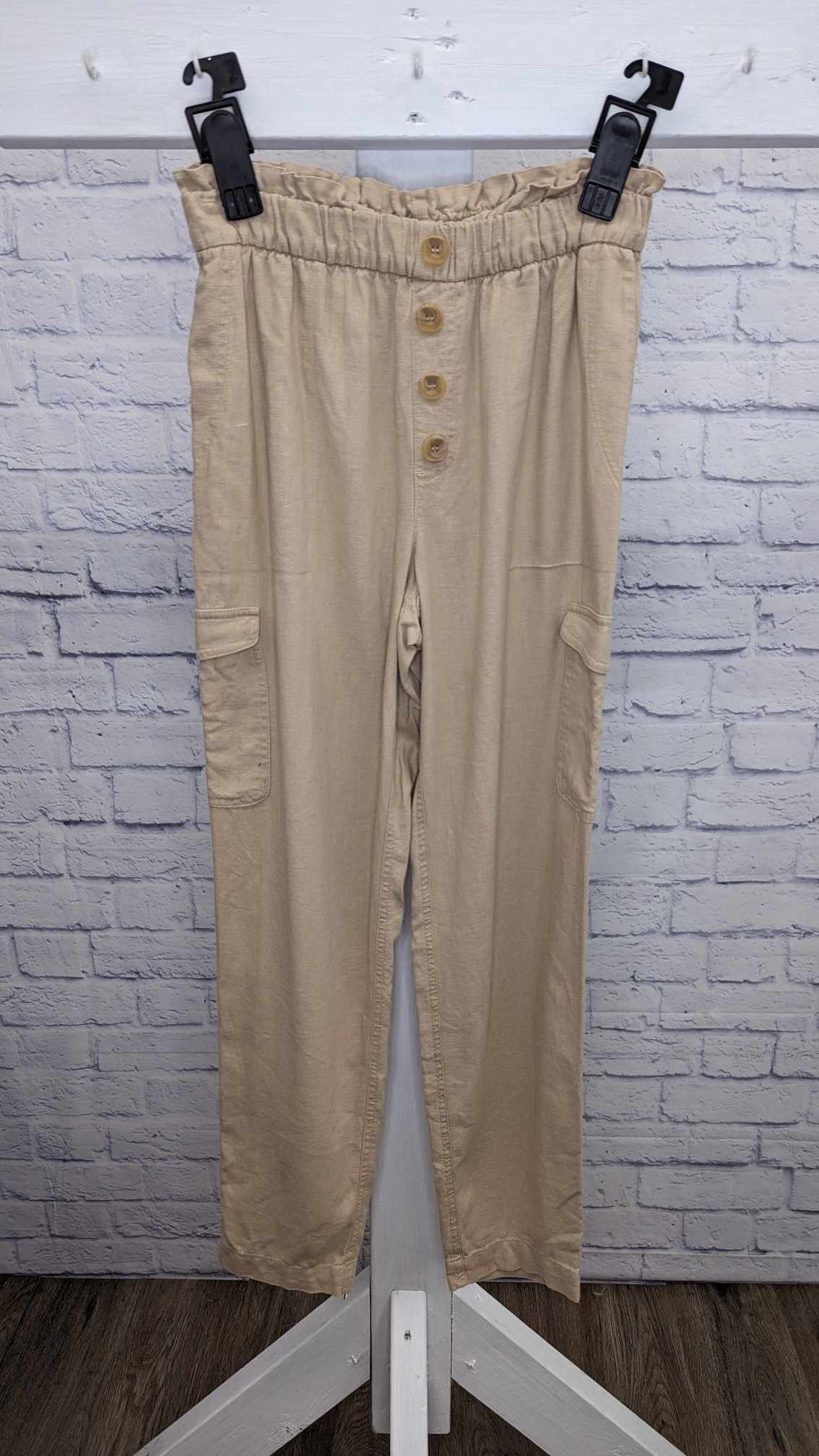 XXSMALL TAN A393758 Susan Graver Regular Linen Blend Pull-On Cargo Ankle Pants