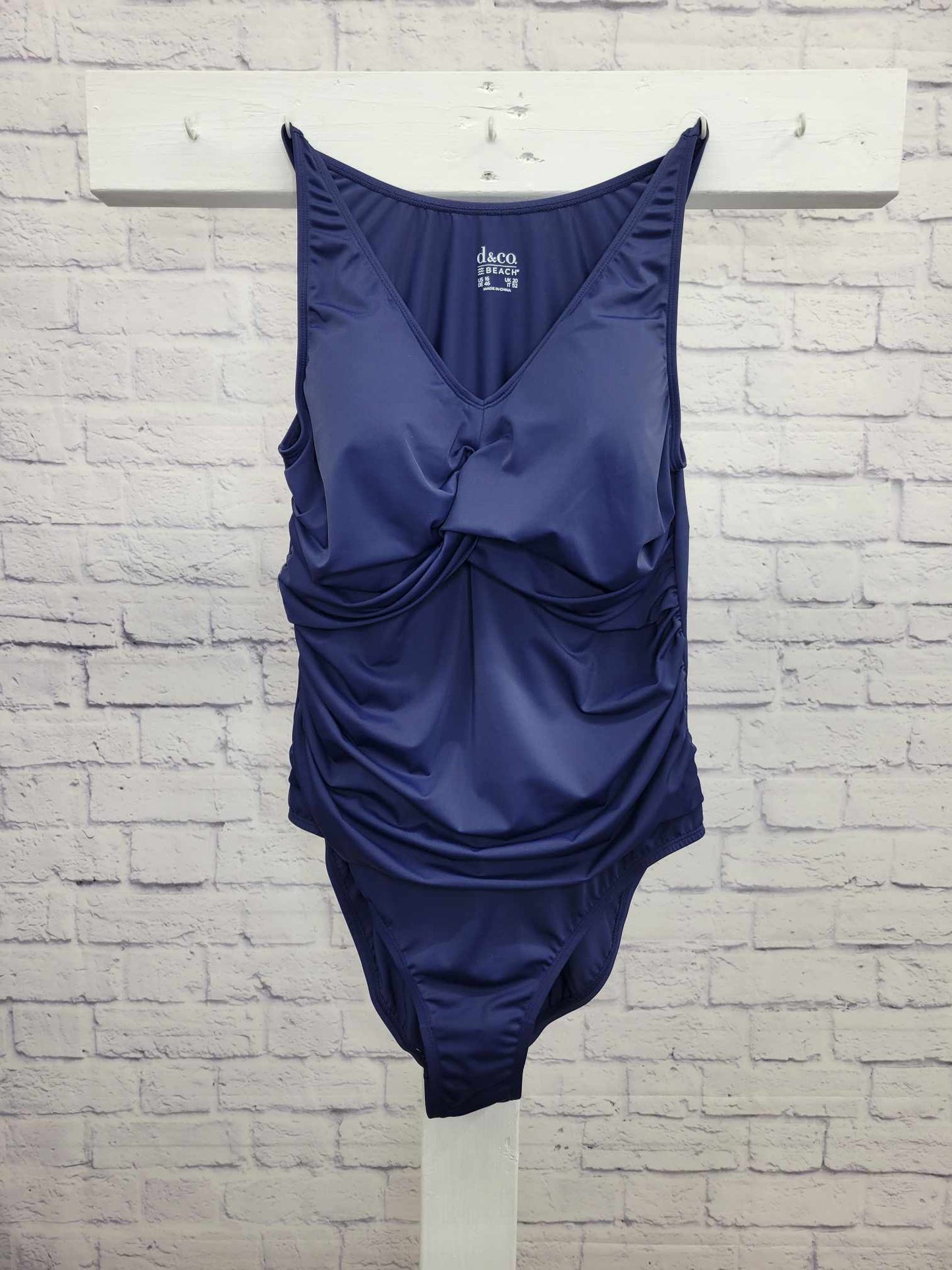 16R NAVY A392825 Denim & Co. Beach Twist V-Neck One-Piece with Ruching