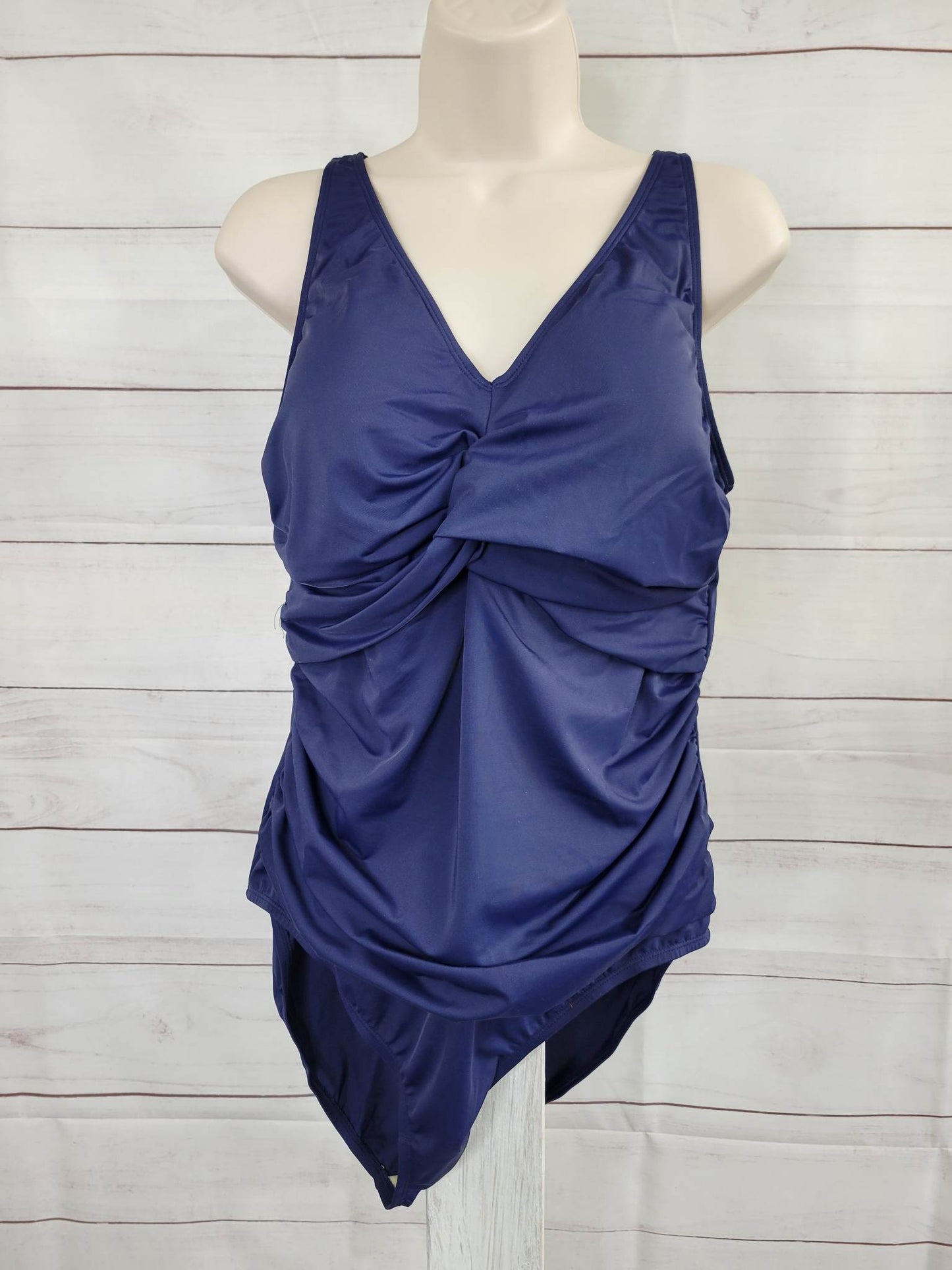 16R NAVY A392825 Denim & Co. Beach Twist V-Neck One-Piece with Ruching