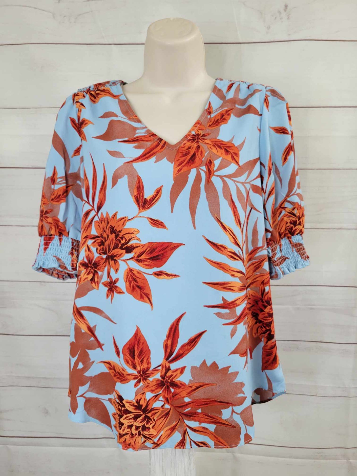 XXSMALL DUSTY BLUE A501295 Belle by Kim Gravel Safari Print Smocked Blouse