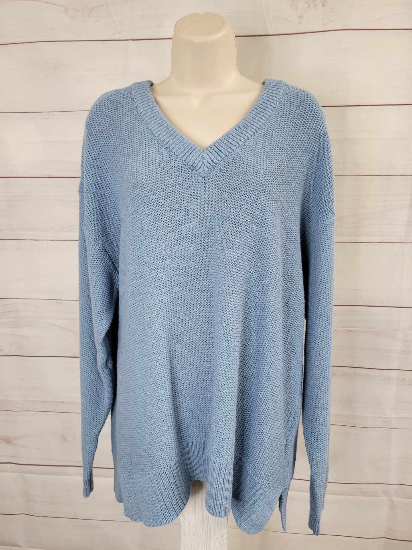 LARGE BLUE A501304 Encore by Idina Menzel Relaxed Cotton V-Neck Sweater