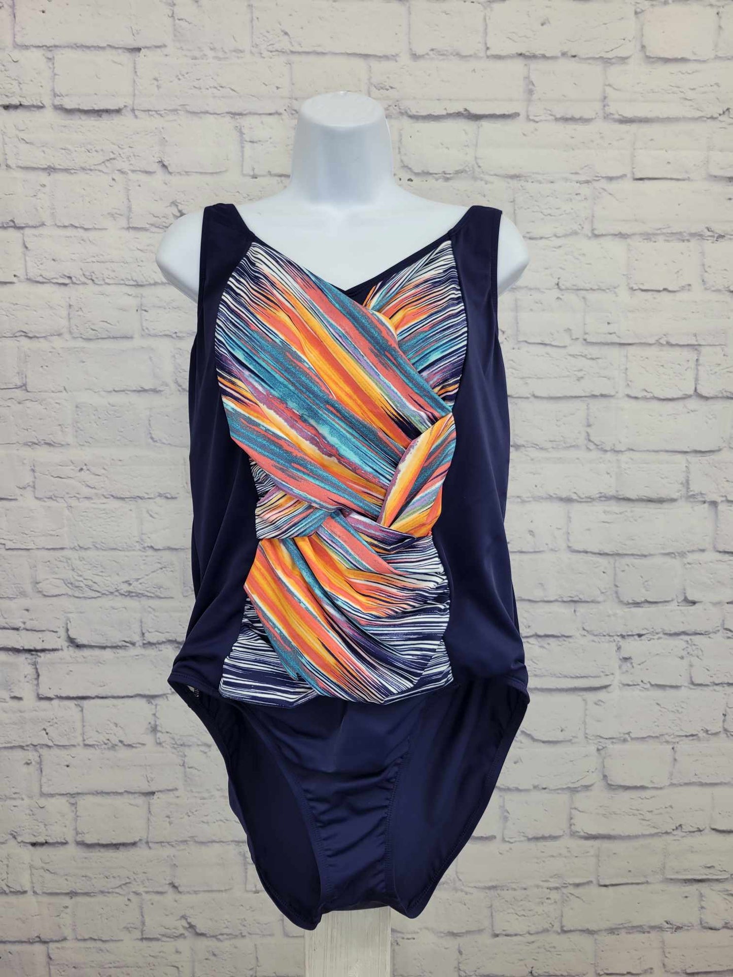 12R NAVY A375176 Denim & Co. Beach Criss Cross One Piece
