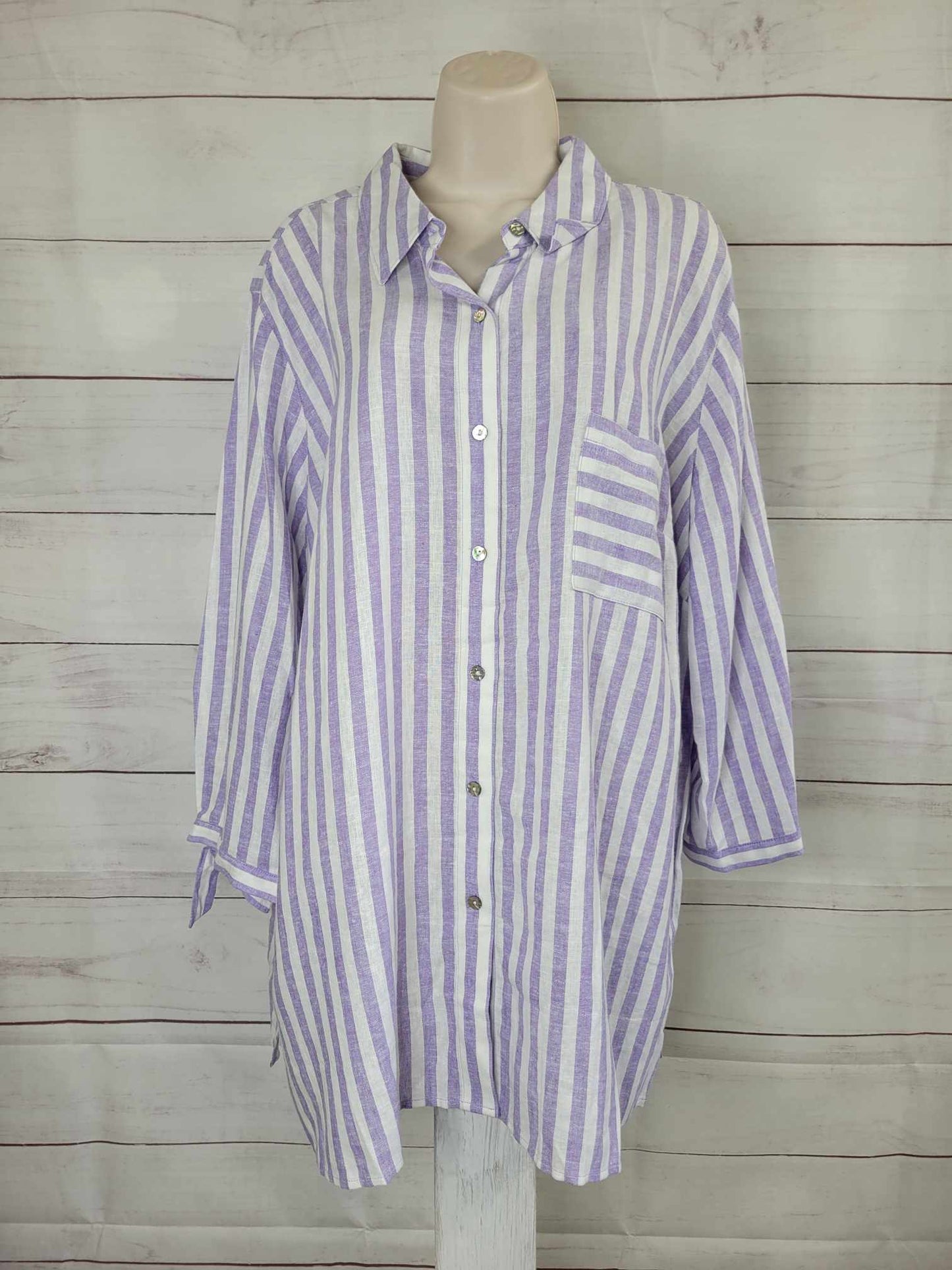 XLARGE LILAC A575905 Susan Graver PURE Yarn-Dyed Regular Linen Blend Button Front Shirt