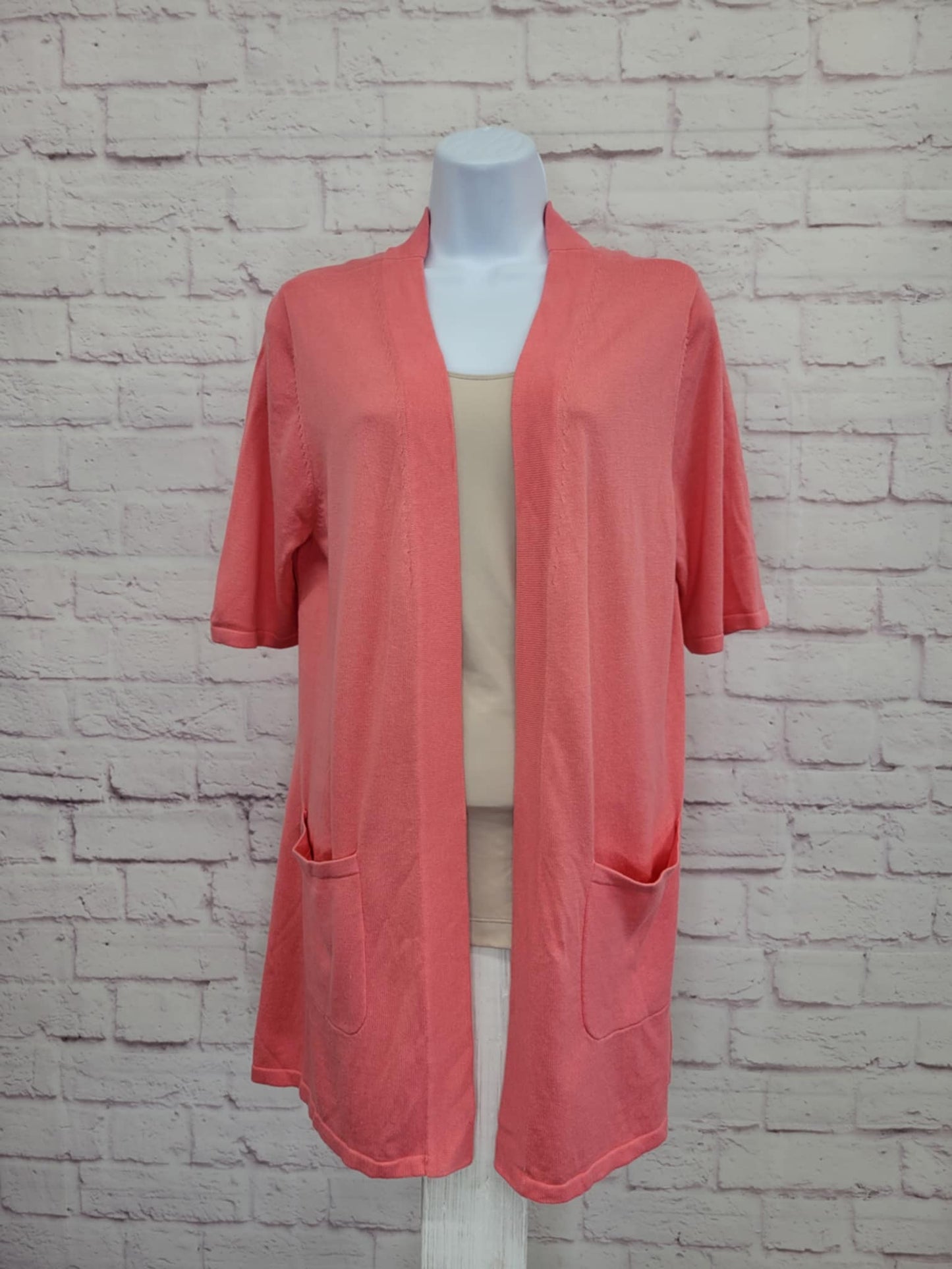 XLARGE FLAMINGO PINK A499582 Isaac Mizrahi Live! Short Sleeve Open Front Sweater
