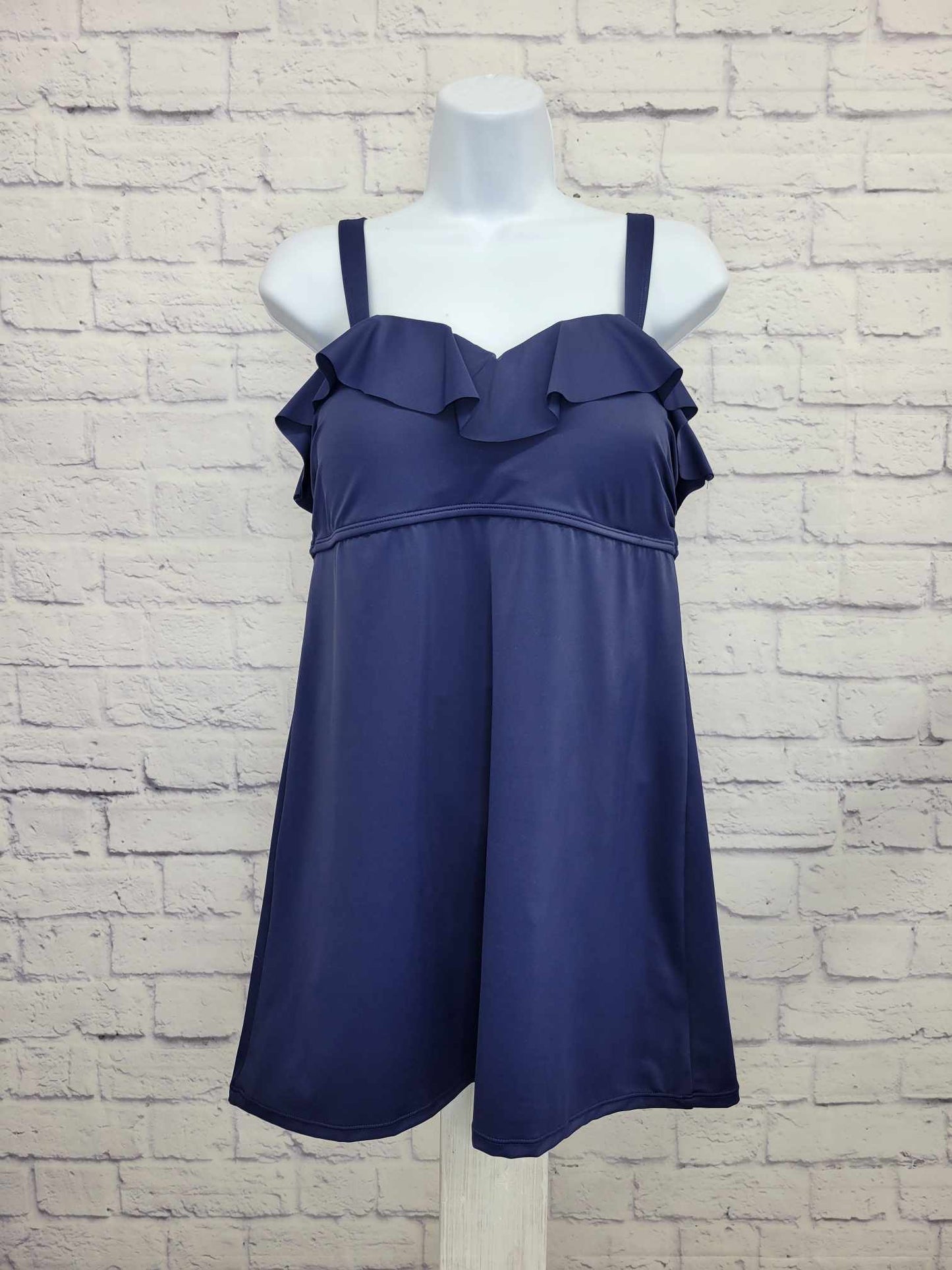 10R NAVY A392823 Denim & Co. Beach Ruffle Neckline Swim Dress