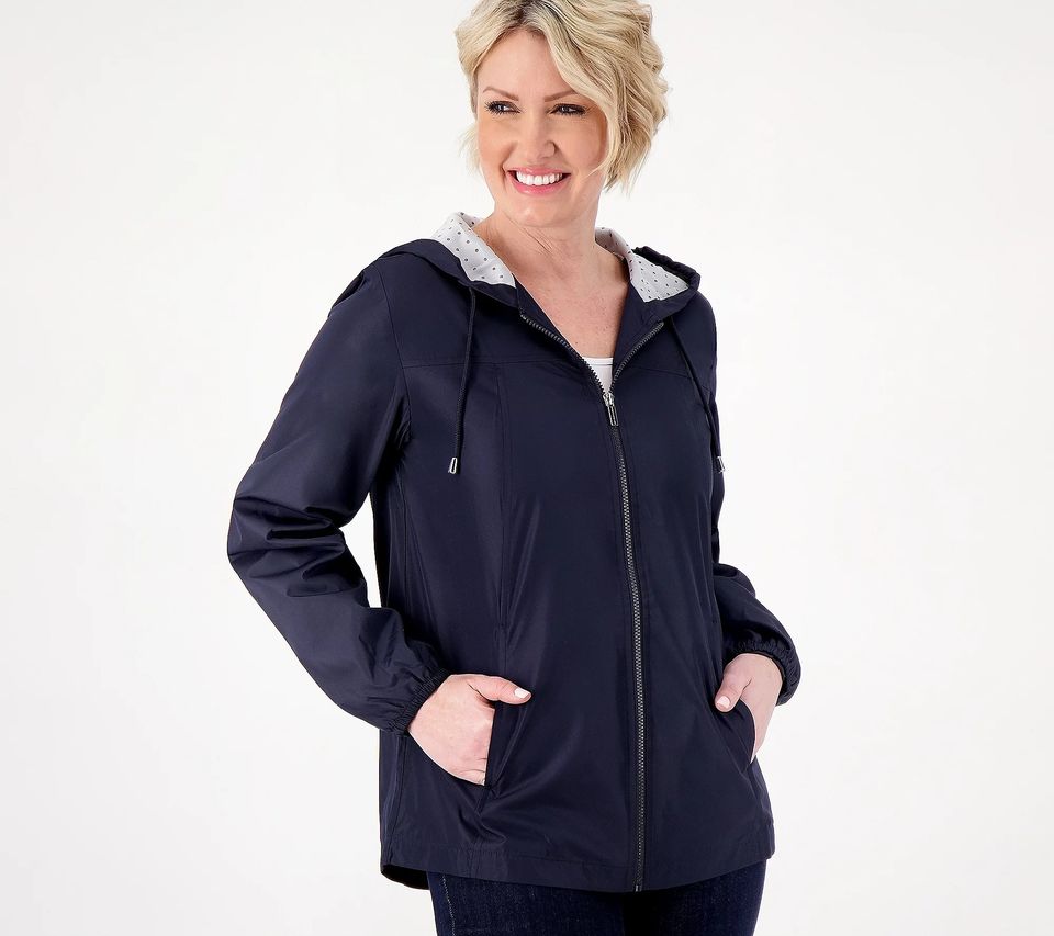 XSMALL NAVY A470640 Susan Graver Water Resistant Windbreaker with Dot Lining