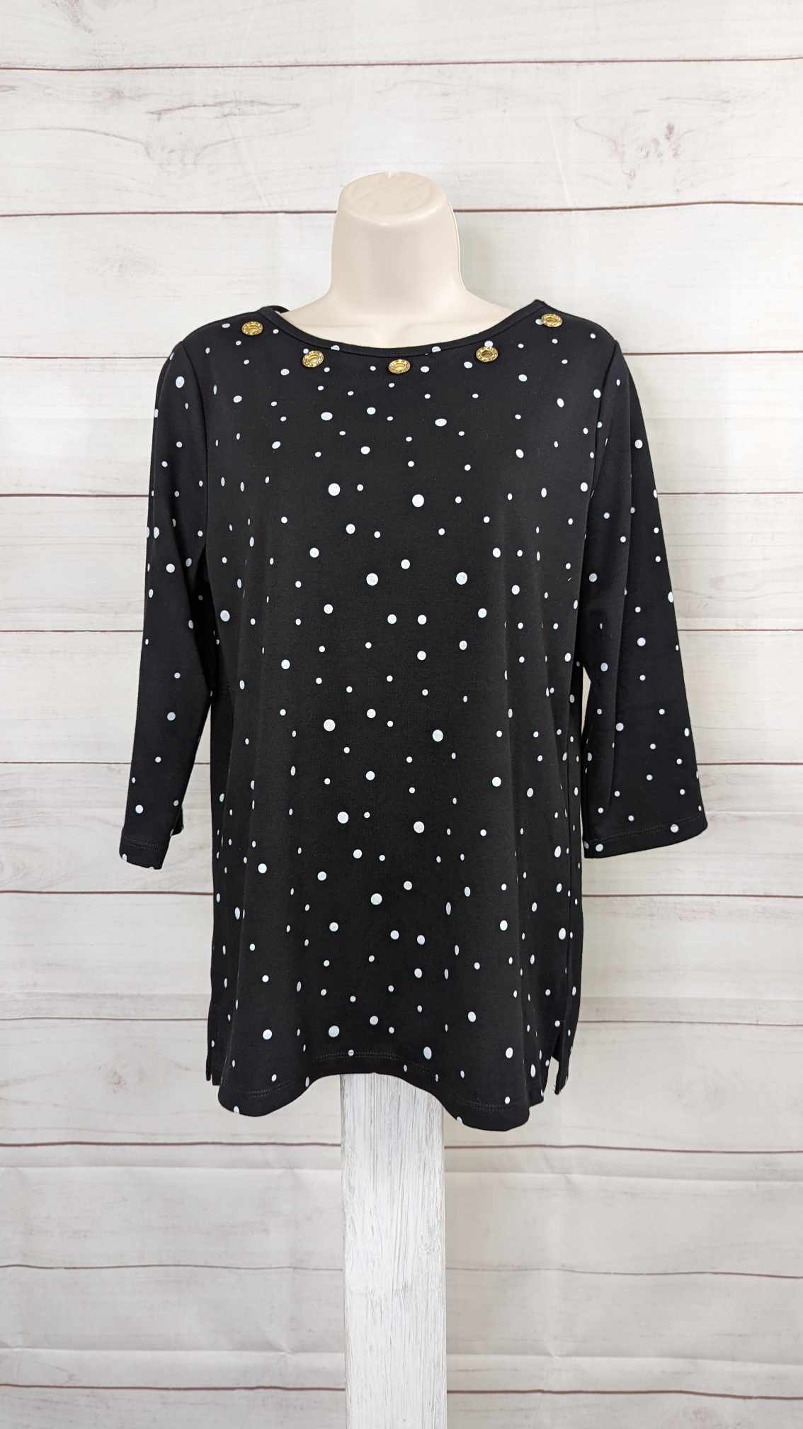 LARGE BLACK A493087 Quacker Factory Polka Dot Boat Neck 3/4 Sleeve Top