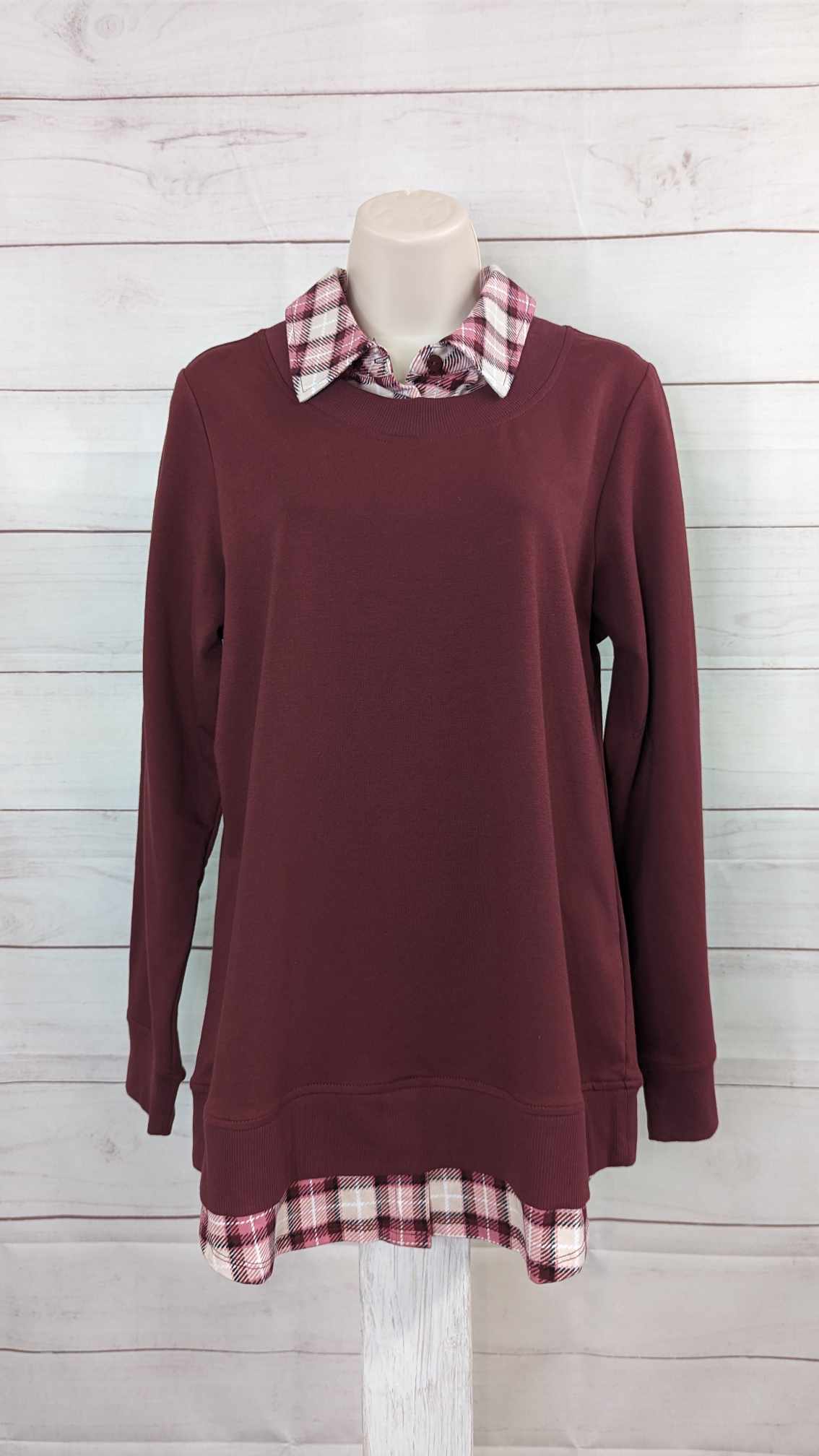 XSMALL WINE A522963 Denim & Co. French Terry 2Fer Top with Printed Shirt Collar and Hem