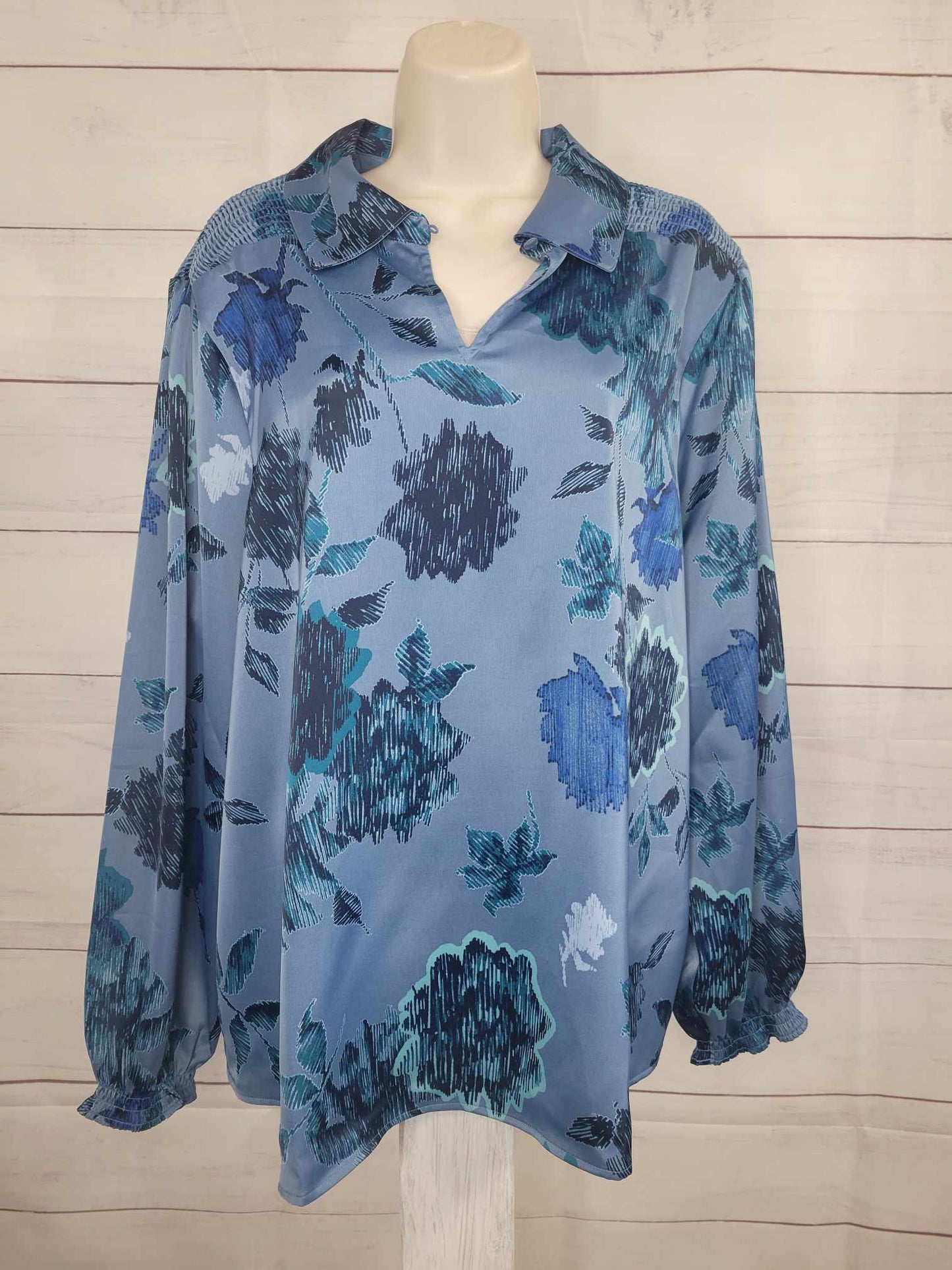 XLARGE BLUE FLORAL A621236 Denim & Co. Canyon Retreat Printed Long Sleeve Silky Blouse