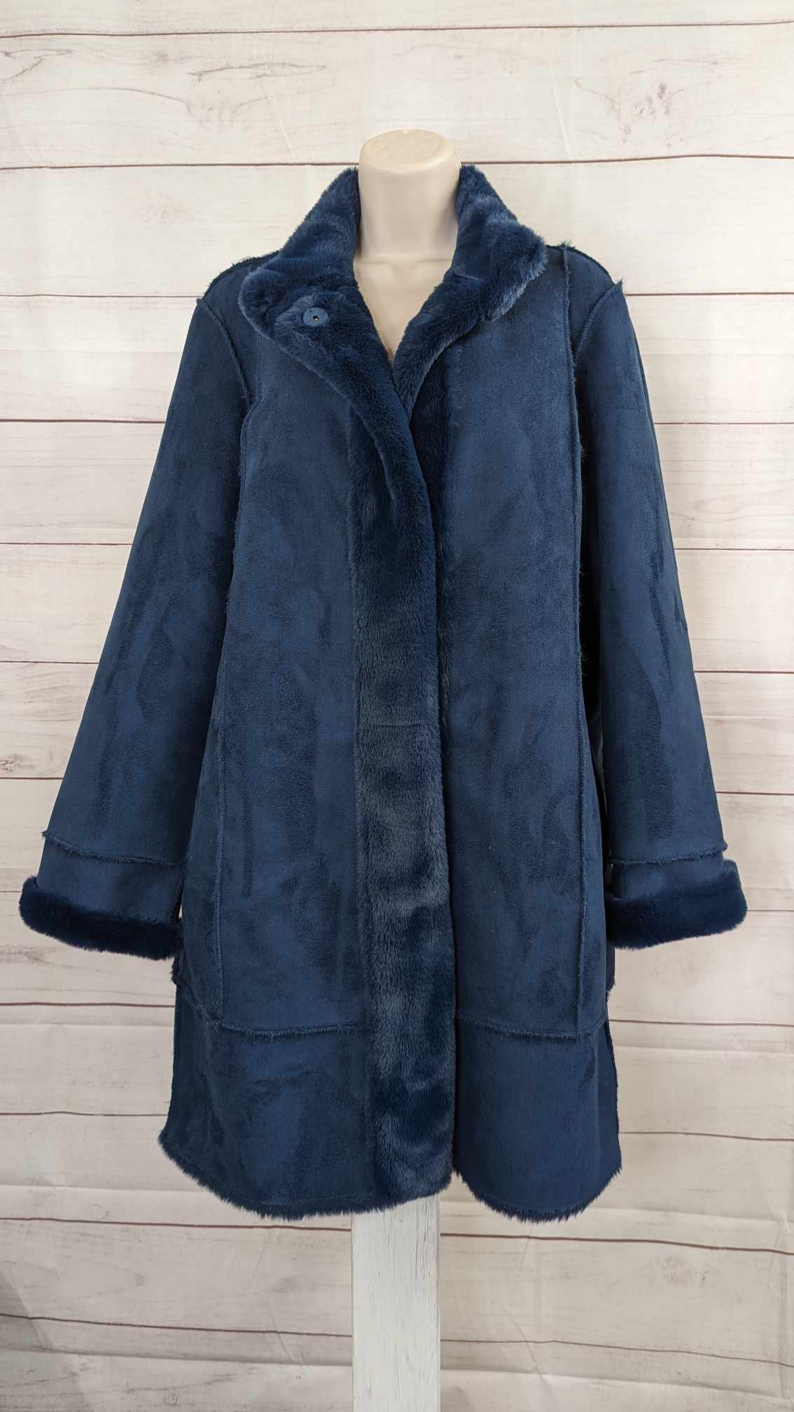 MEDIUM BLUE SLATE A556117 Dennis Basso Faux Suede Snap Front Coat