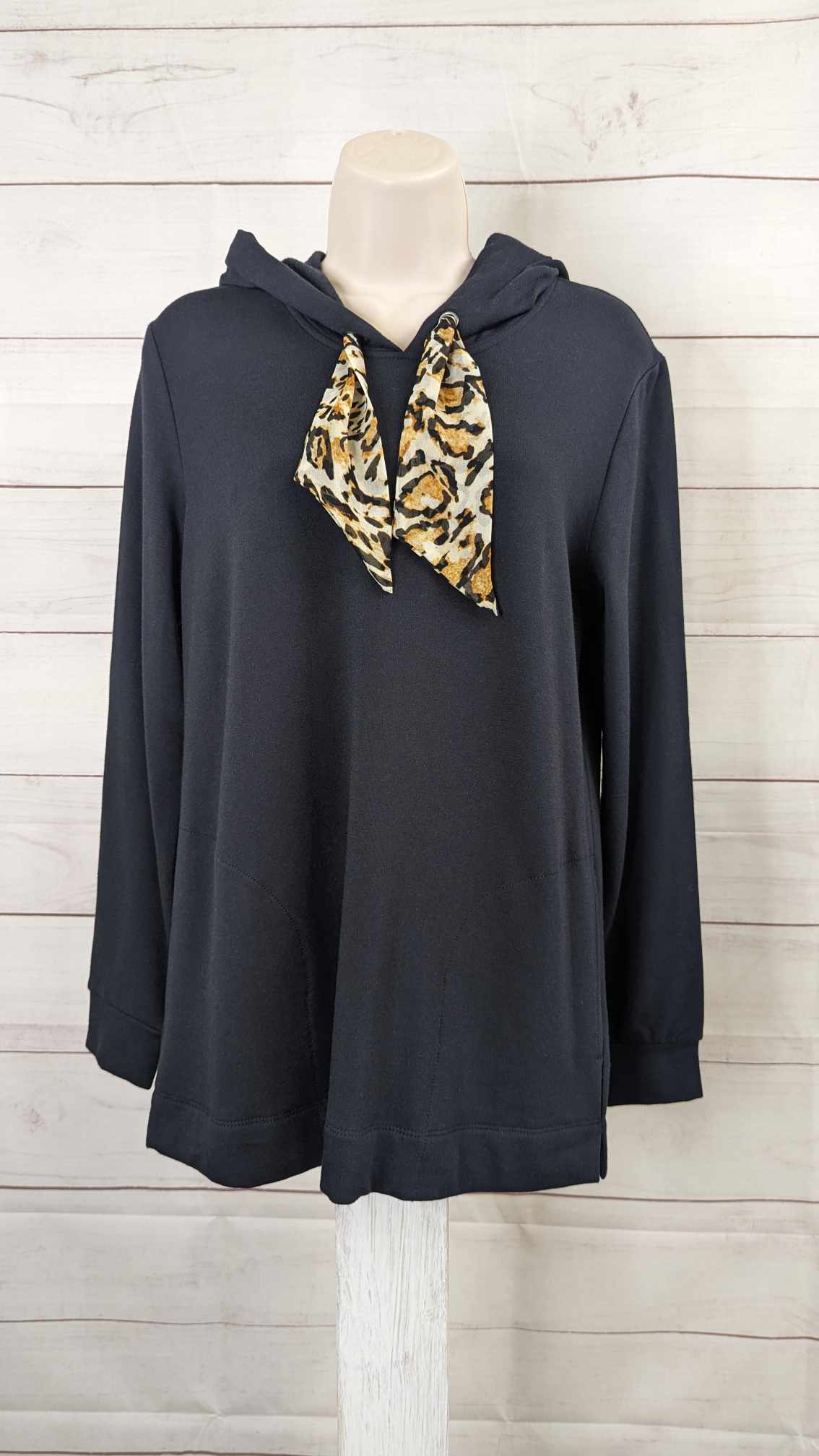 XXSMALL BLACK A454555 Susan Graver Weekend Brushed Back Knit Sweatshirt with Printed Tie
