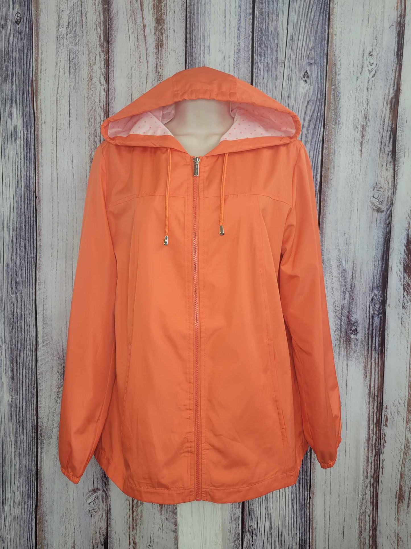 SMALL HOT CORAL A470640 Susan Graver Water Resistant Windbreaker with Dot Lining