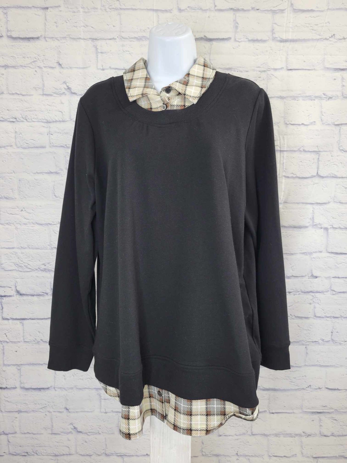 XXSMALL BLACK A522963 Denim & Co. French Terry 2Fer Top with Printed Shirt Collar and Hem