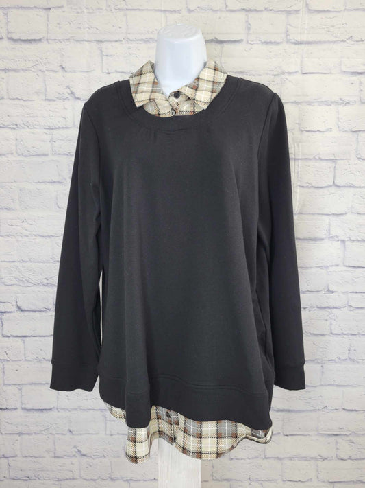 XXSMALL BLACK A522963 Denim & Co. French Terry 2Fer Top with Printed Shirt Collar and Hem