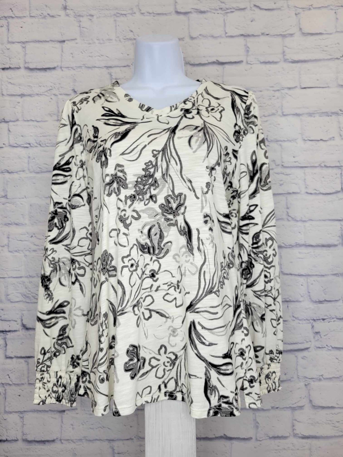 XXSMALL CREAM A299904 Belle by Kim Gravel Slub Knit Sketchy Floral Knit Top