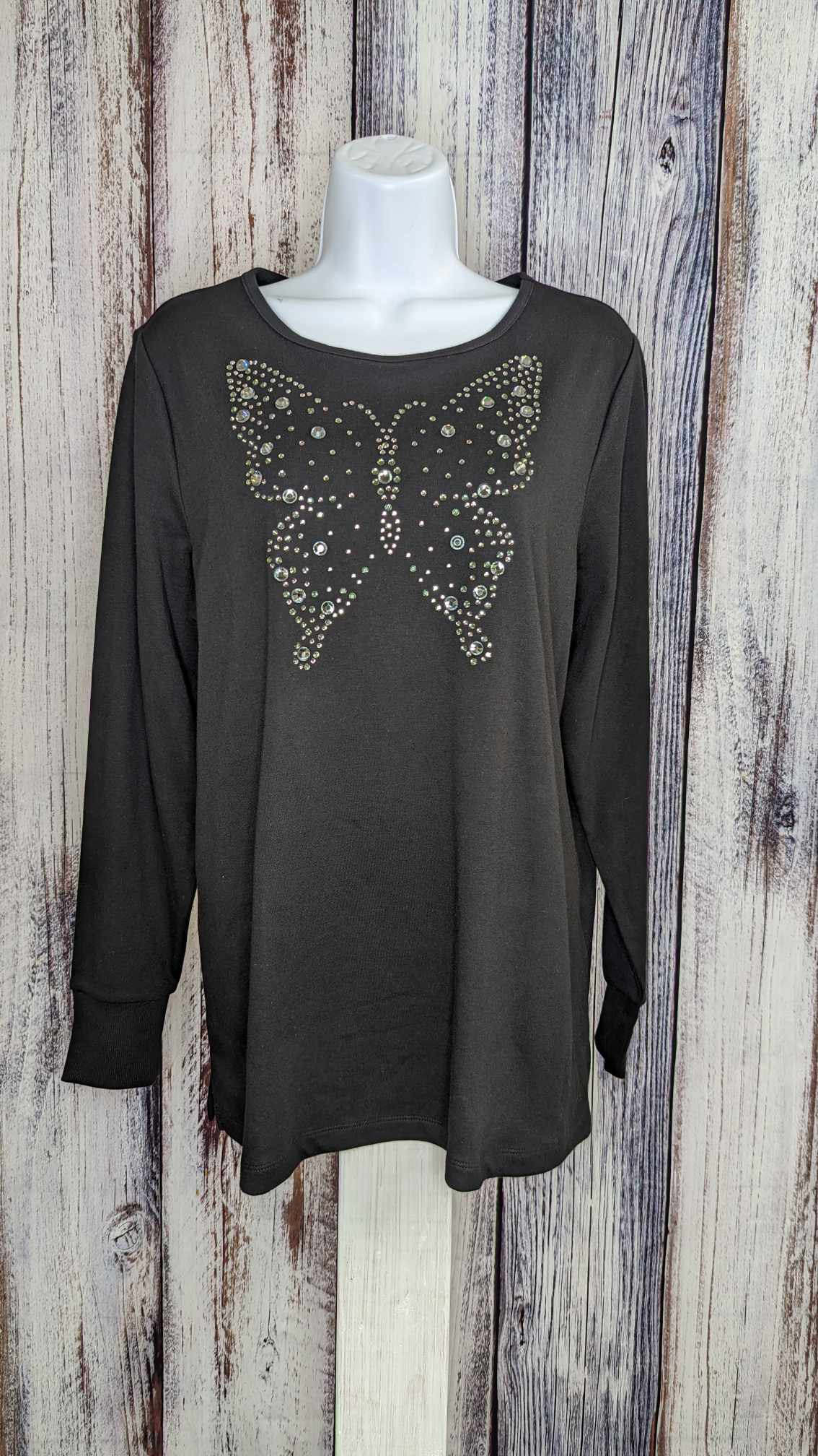 XXSMALL BLACK A612399 Quacker Factory Fall Flutter Long Sleeve Top w/ Cuffs