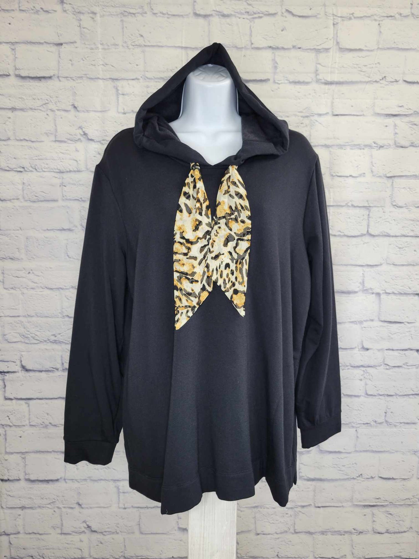 XXSMALL BLACK A454555 Susan Graver Weekend Brushed Back Knit Sweatshirt with Printed Tie