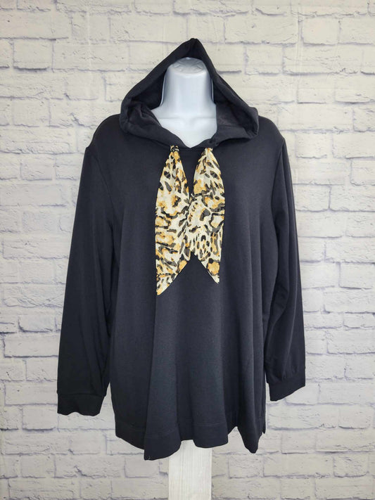 XXSMALL BLACK A454555 Susan Graver Weekend Brushed Back Knit Sweatshirt with Printed Tie