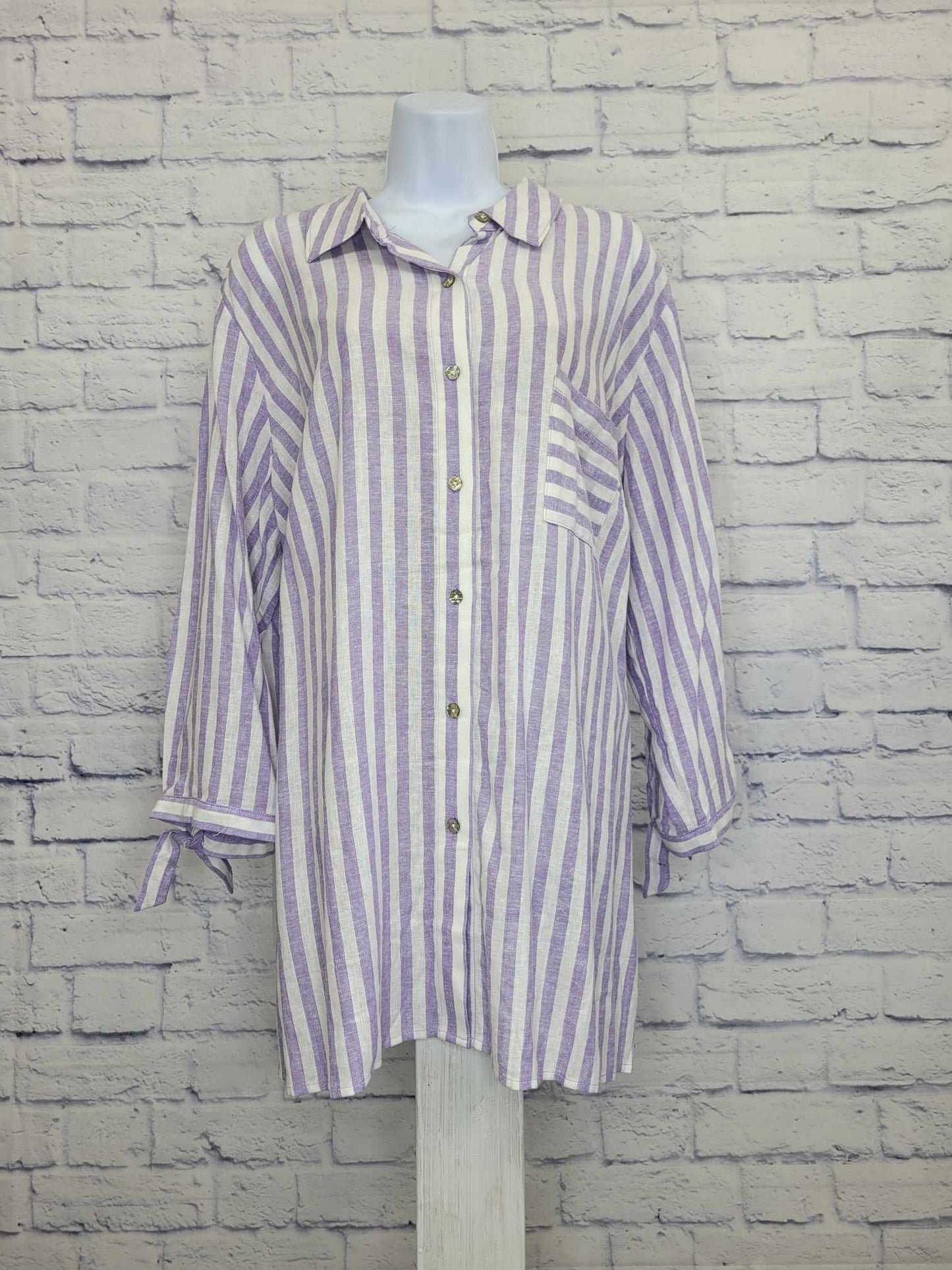XLARGE LILAC A575905 Susan Graver PURE Yarn-Dyed Regular Linen Blend Button Front Shirt