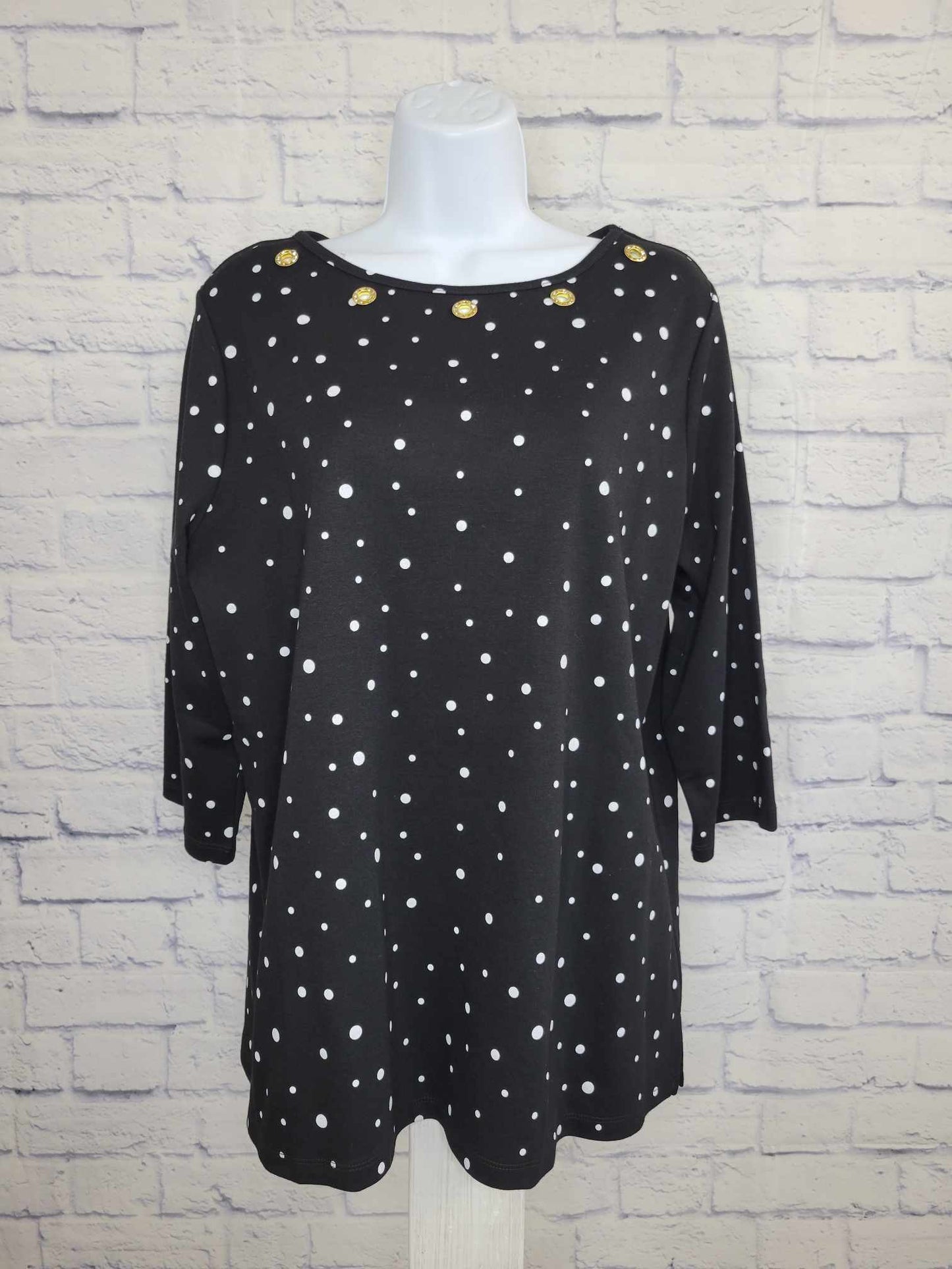 XLARGE BLACK A493087 Quacker Factory Polka Dot Boat Neck 3/4 Sleeve Top