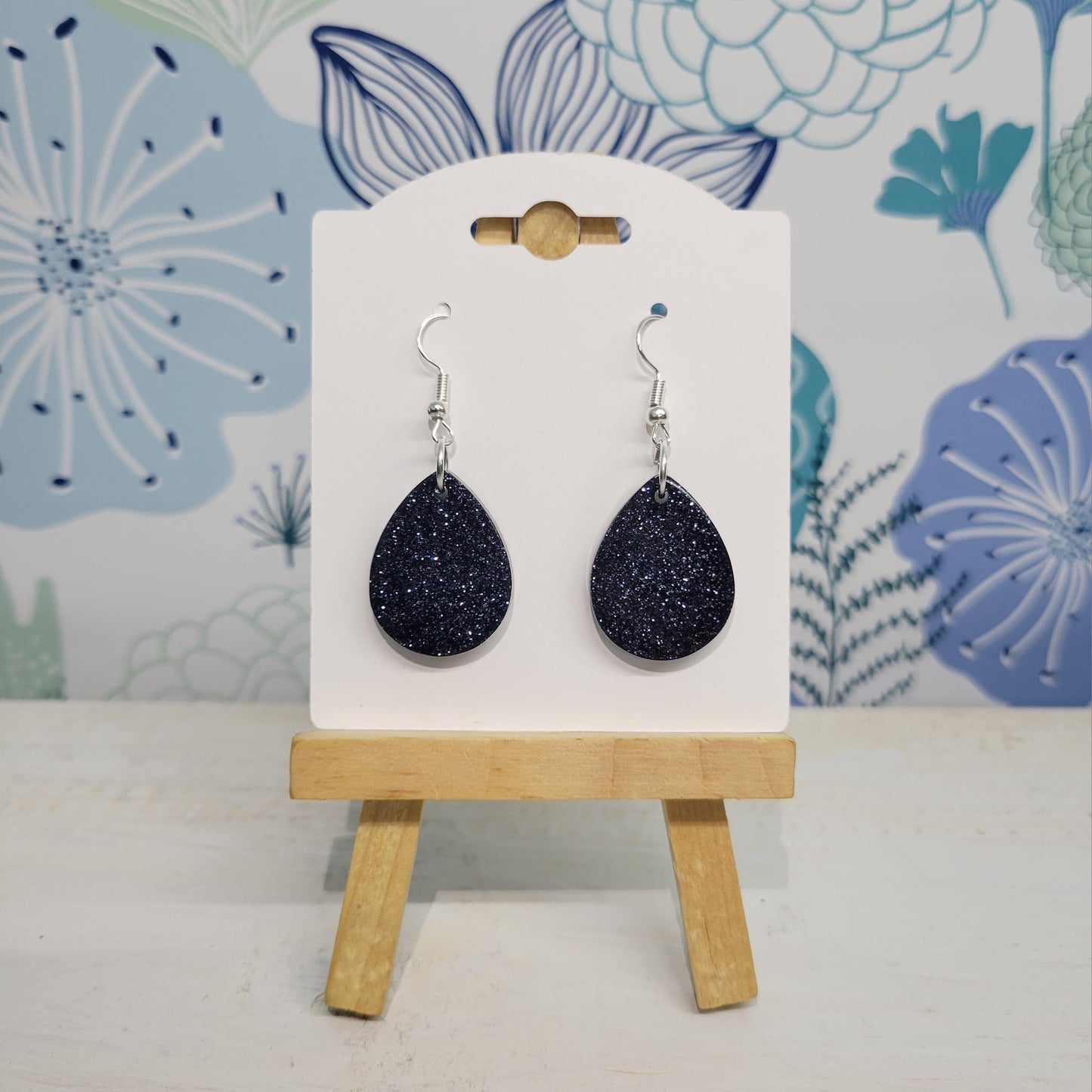 Small Dark Navy Glitter Resin Tear Drop Earrings