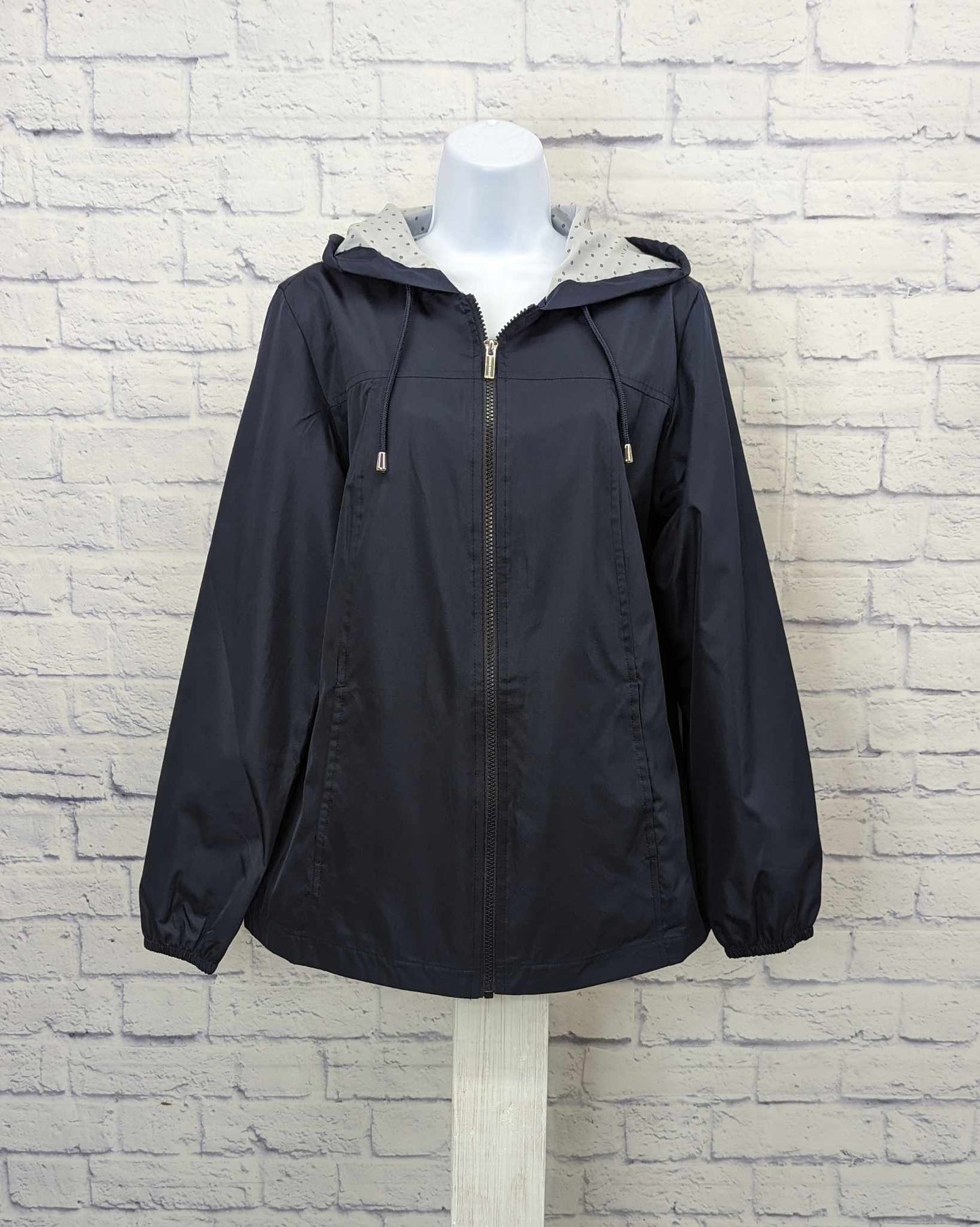 XSMALL NAVY A470640 Susan Graver Water Resistant Windbreaker with Dot Lining