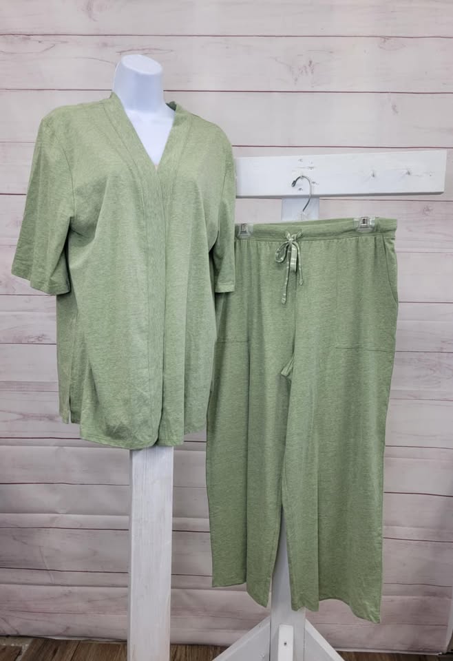 LARGE OLIVE A630870 Carole Hochman Cardigan and Wide Leg Cropped Pant Set