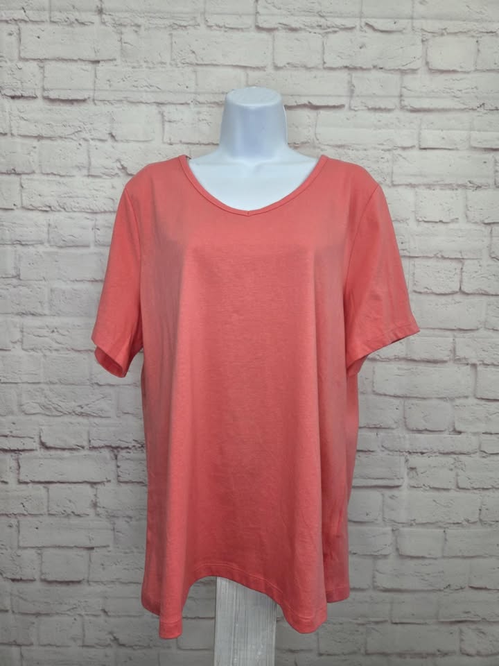 LARGE CORAL A633190 Denim & Co. Essentials True Cotton Jersey V-Neck Top