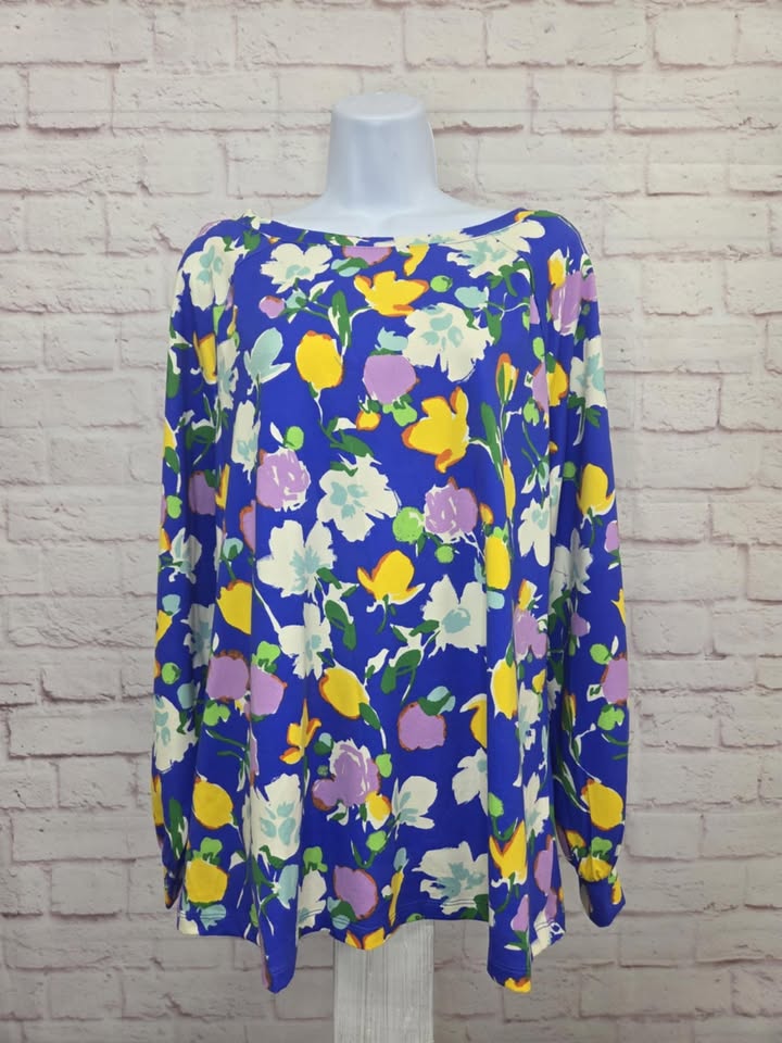LARGE BLUE A470111 Isaac Mizrahi Live! Floral Printed Top w/ Boat-Neck