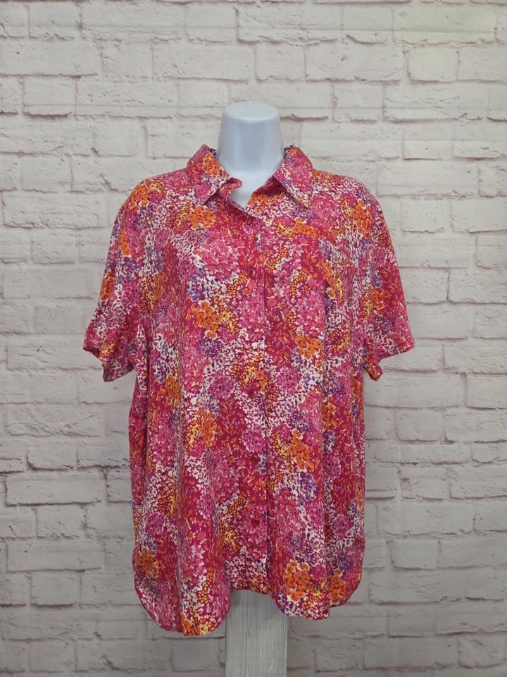 LARGE FUCHSIA A596710 Isaac Mizrahi Live! Printed Linen Button Front Resort Shirt