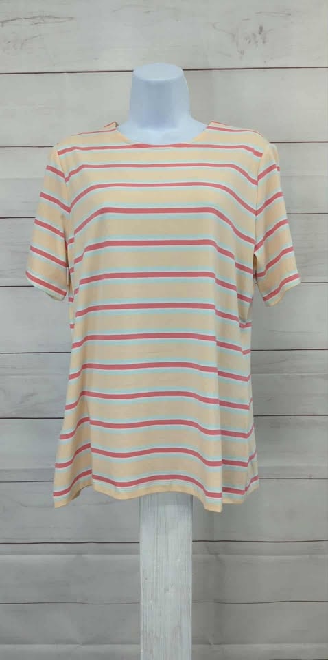 SMALL PEACH A596331 Denim & Co. Striped Perfect Jersey Crew Neck Short Sleeve Top
