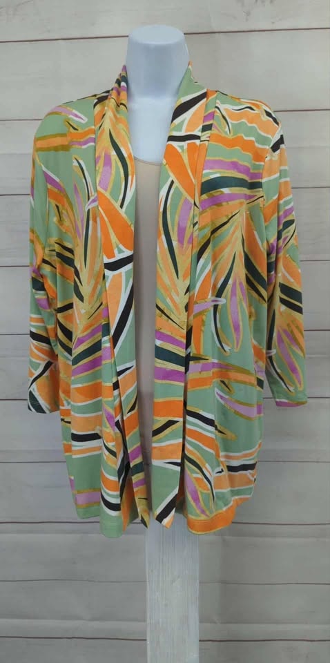 LARGE SAGE A650518 Denim & Co. Beach Printed Jersey 3/4 Sleeve Cardigan