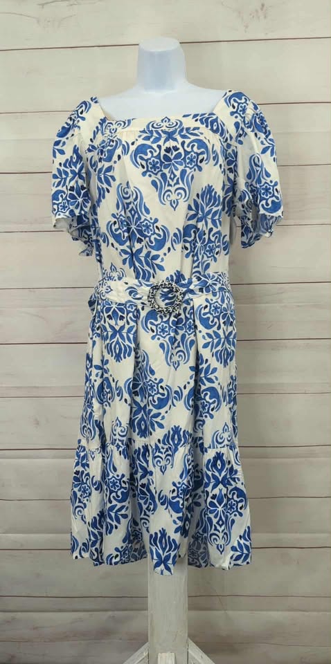 LARGE BLUE A641422 Destination 365 Regular Printed Flutter Sleeve Self Belted Dress