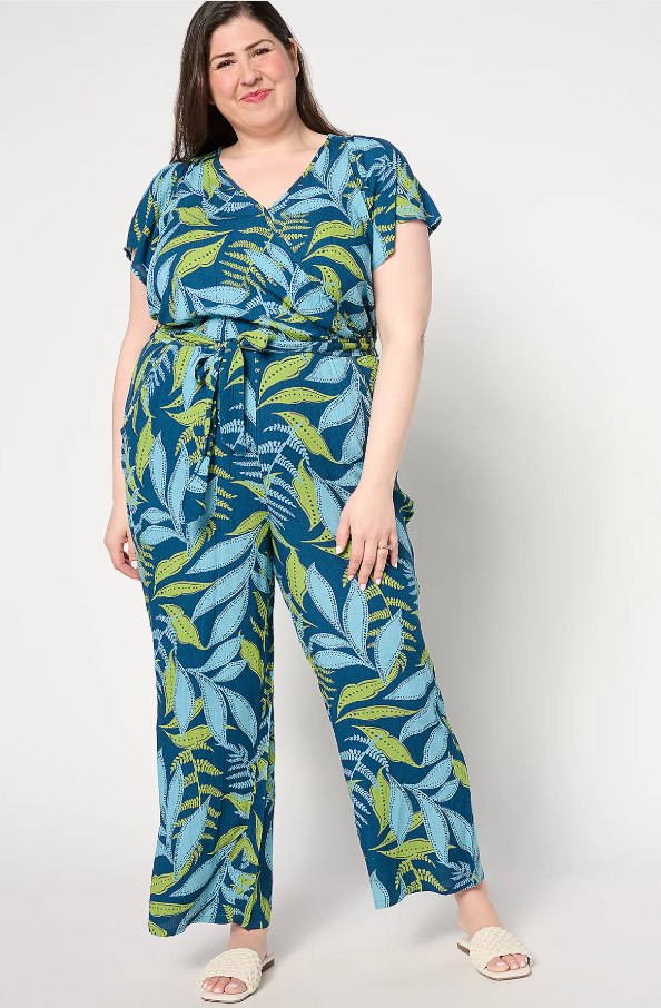 LARGE TEAL A647638 AnyBody Regular Wide-Leg Faux-Wrap Vacation Jumpsuit