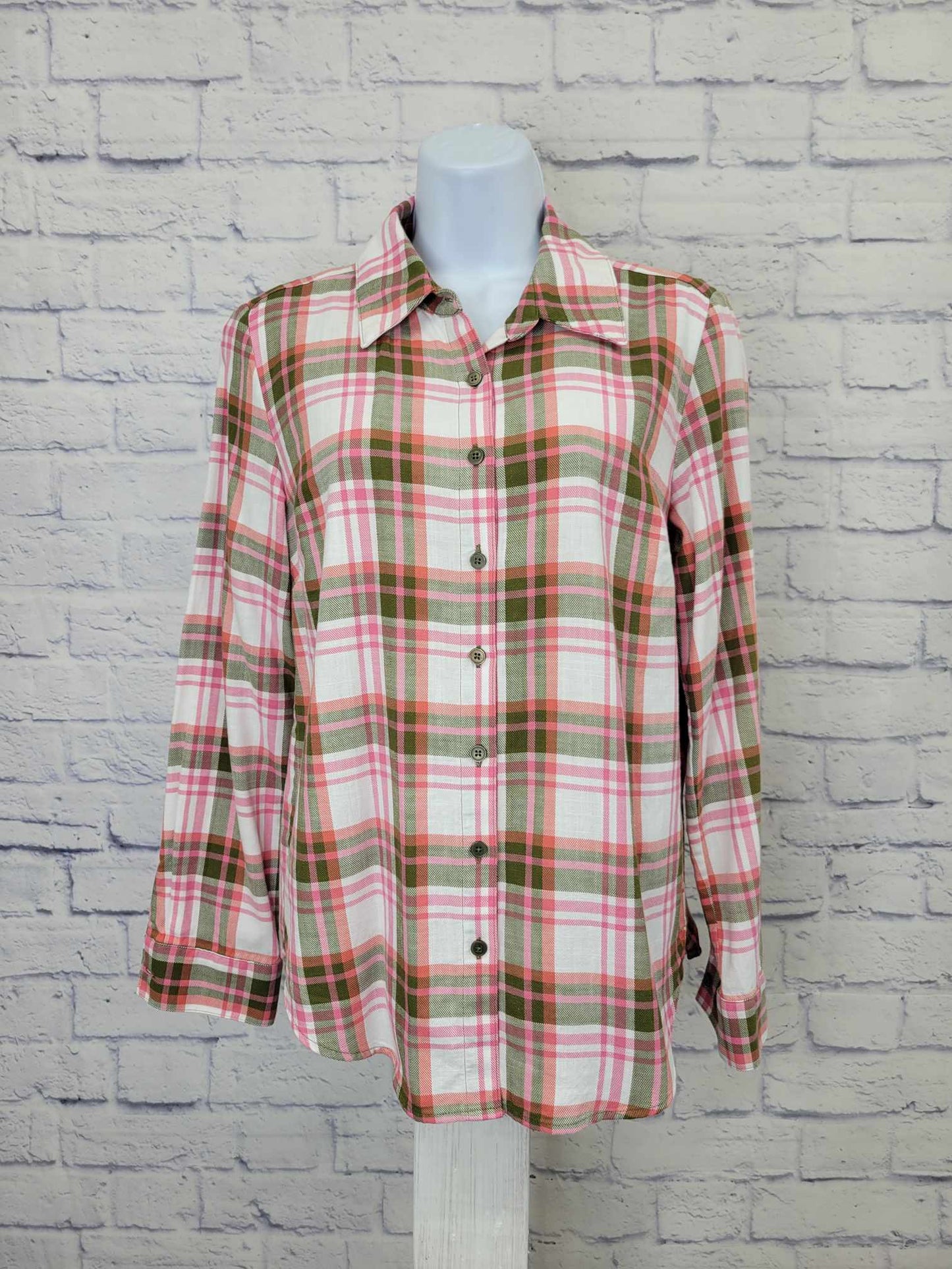 XXSMALL OLIVE A396001 Denim & Co. Plaid Button-Front Long-Sleeve Shirt