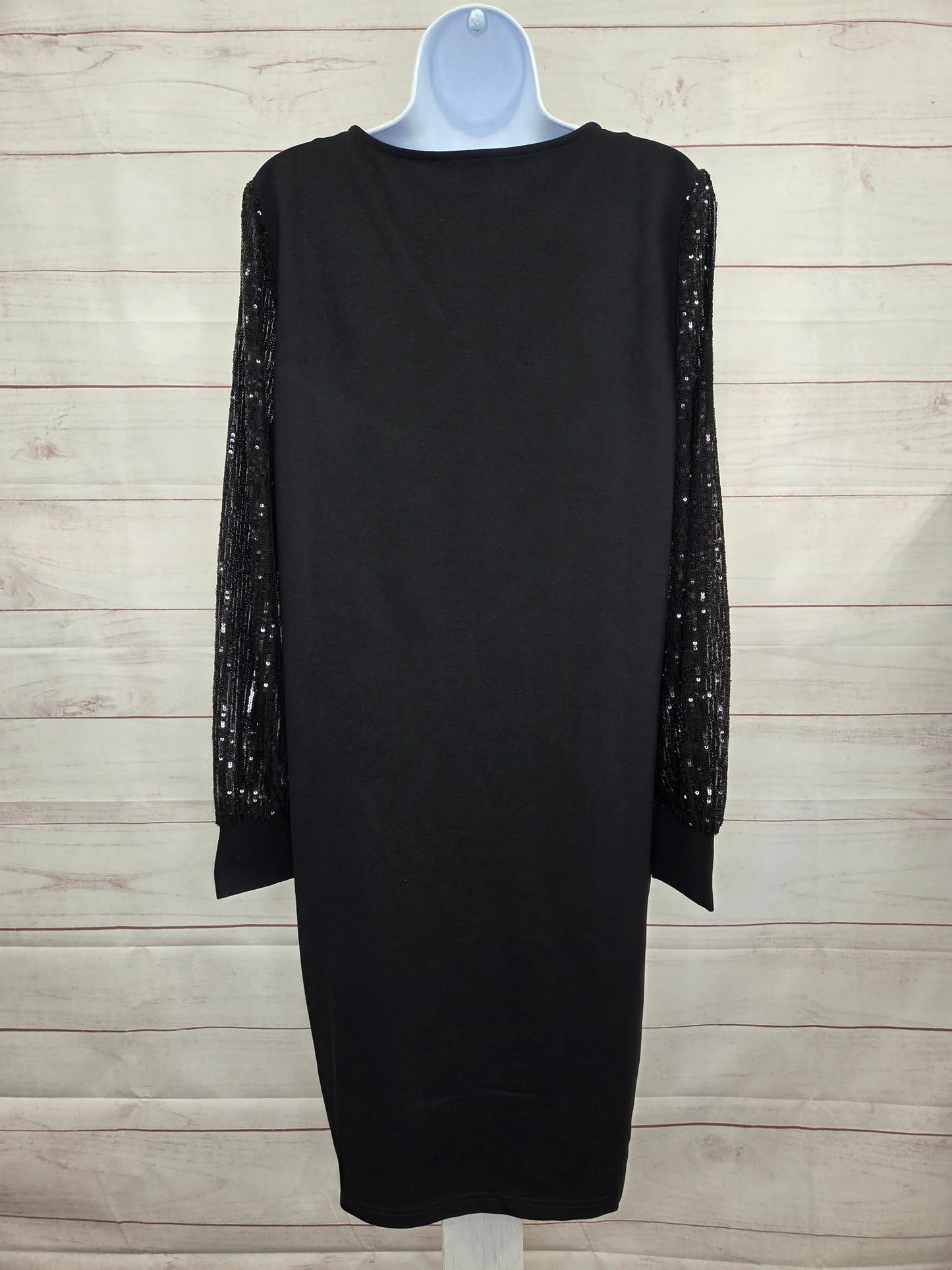 LARGE PETITE BLACK A708382 Jingle Belles by Kim Gravel Petite Ponte Dress with Sequin Sleeves