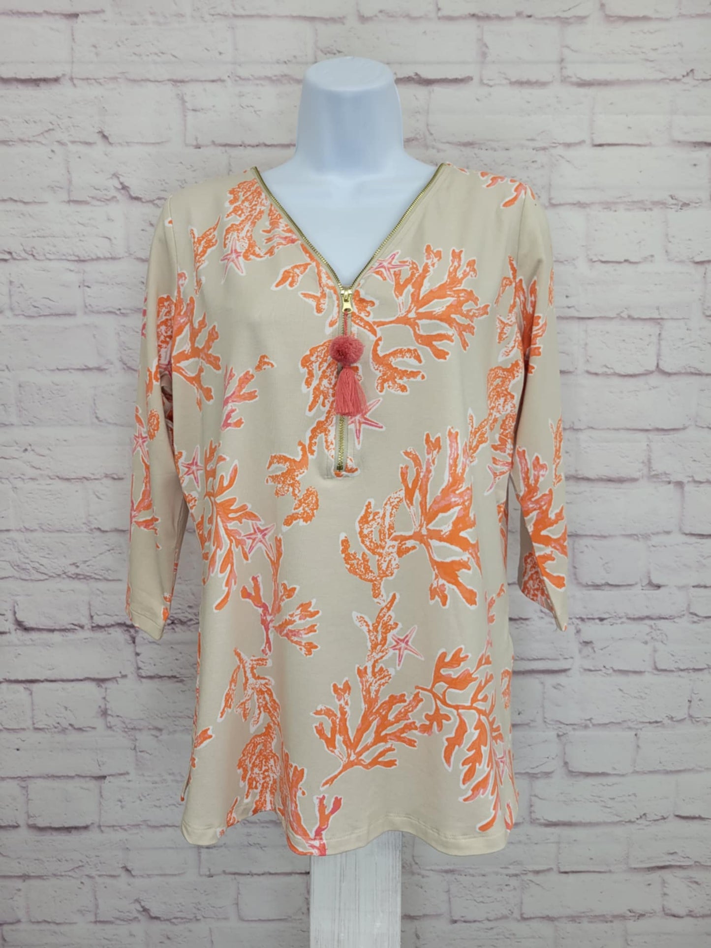 SMALL AMALFI CORAL A640322 Belle by Kim Gravel Primabelle Knit Ciao Bella! Tassel Zip Top