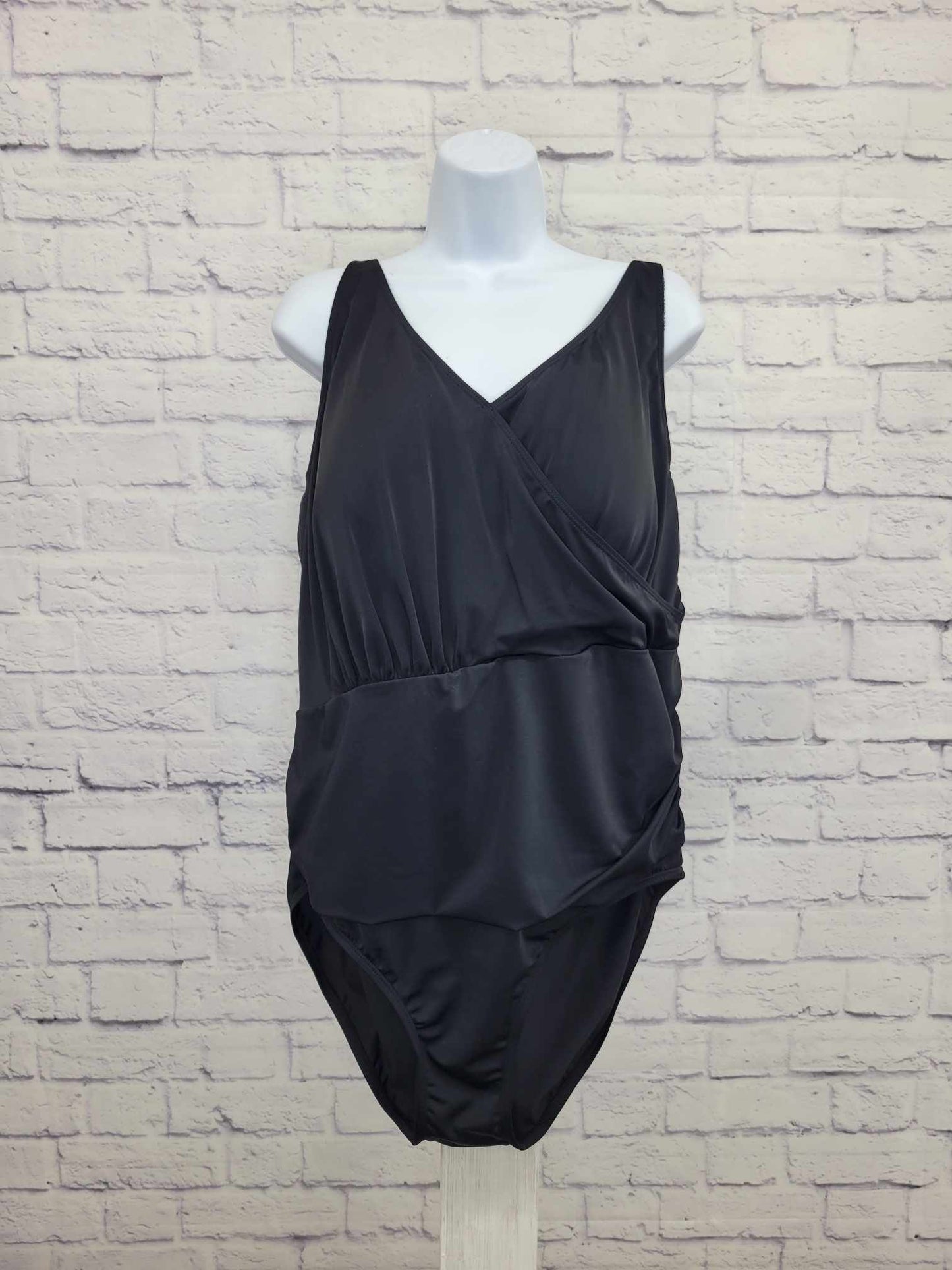 22W BLACK A392810 Denim & Co. Beach Surplice One-Piece with Ruching