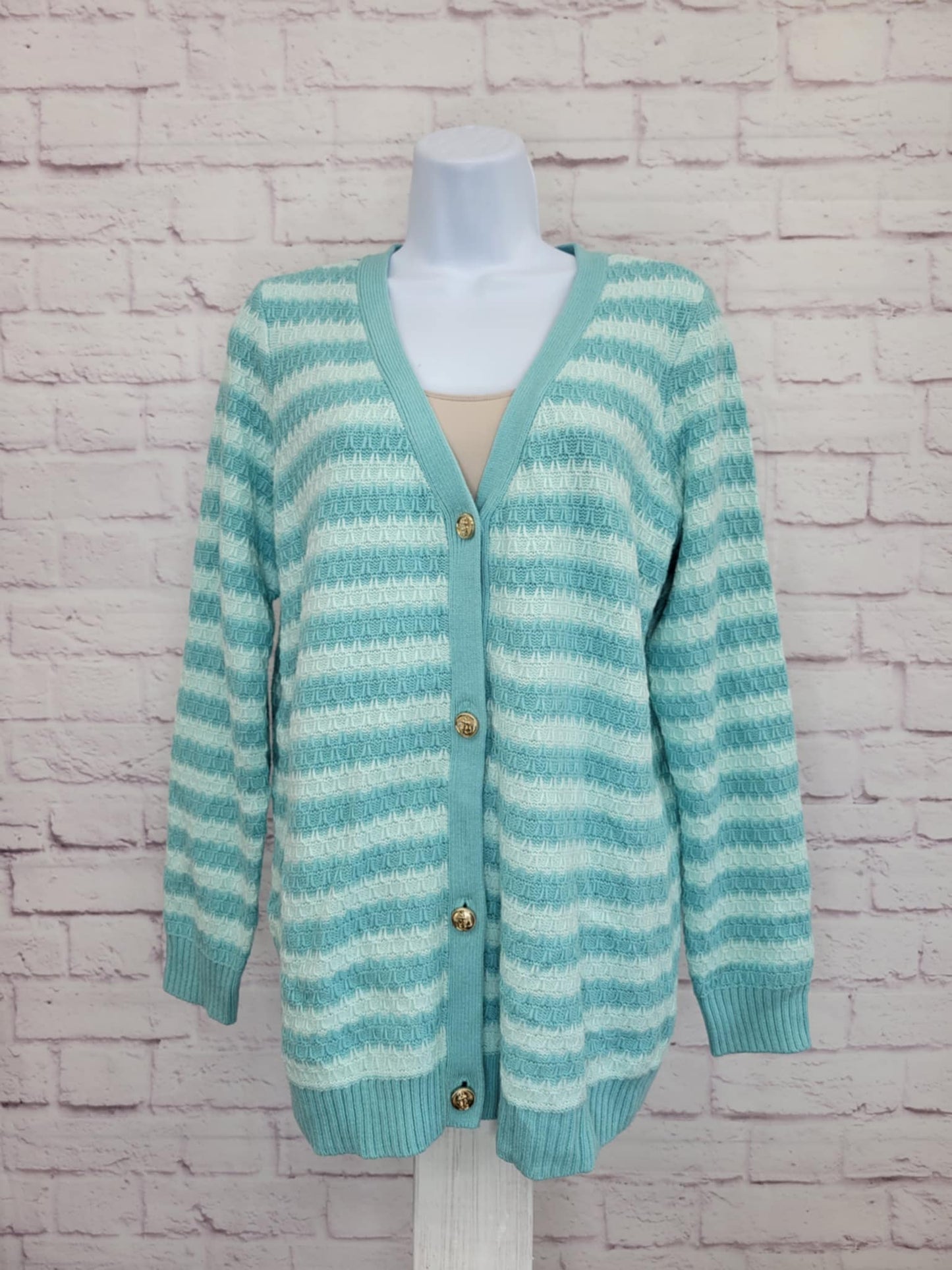 MEDIUM SEAFOAM A632088 Joan Rivers Honeycomb Stripe Button-Front Cardigan
