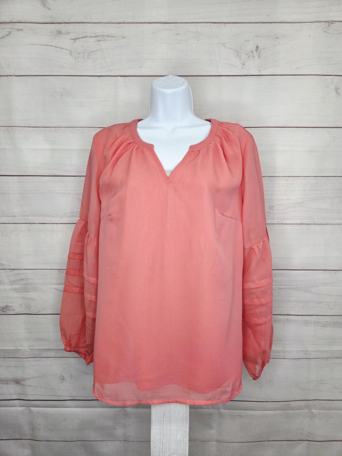 SMALL CORAL A640691 Denim & Co. Split V-Neck Blouse with Sleeve Detail