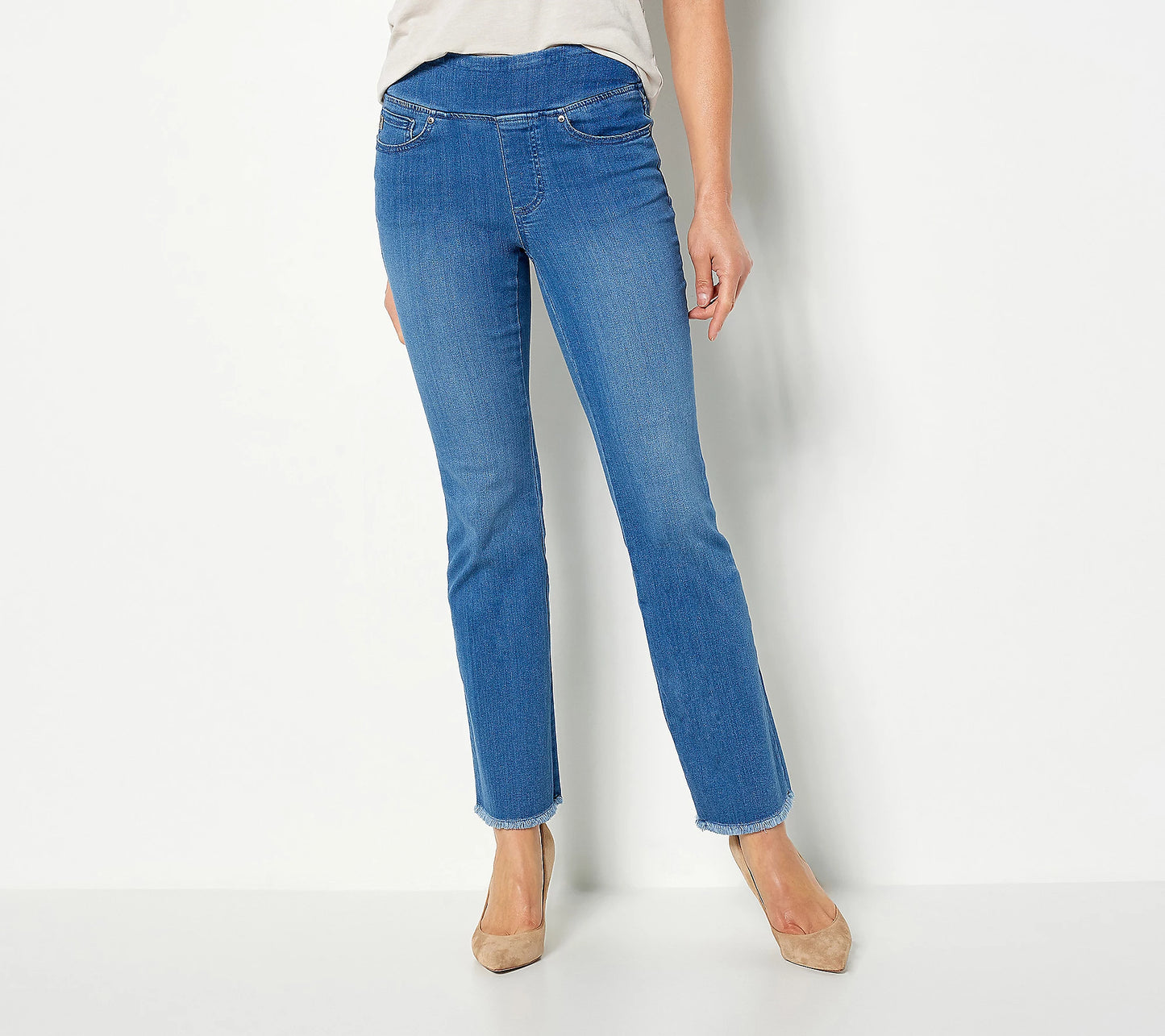 6R MED. WASH A460547 Belle by Kim Gravel Reg Primabelle Frayed Edge Boot Cut Jeans