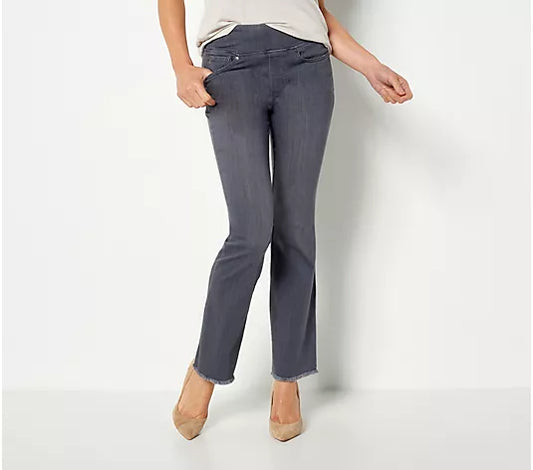 0R GREY WASH A460547 Belle by Kim Gravel Reg Primabelle Frayed Edge Boot Cut Jeans