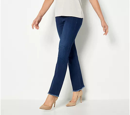 6R DARK INDIGO A460547 Belle by Kim Gravel Reg Primabelle Frayed Edge Boot Cut Jeans