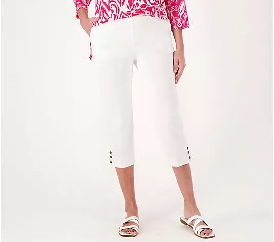 16R WHITE A593361 Susan Graver Regular Ultra Stretch Capri Pants w/ Button Detail