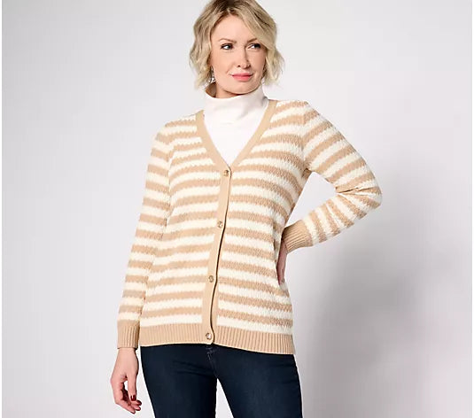 XLARGE LATTE A632088 Joan Rivers Honeycomb Stripe Button-Front Cardigan