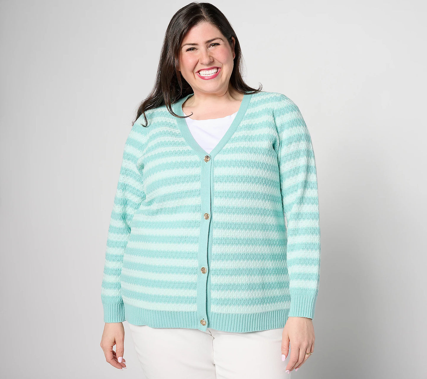 MEDIUM SEAFOAM A632088 Joan Rivers Honeycomb Stripe Button-Front Cardigan